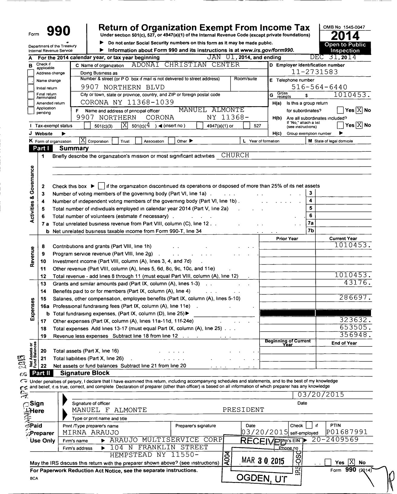 Image of first page of 2014 Form 990O for Adonai Christian Center