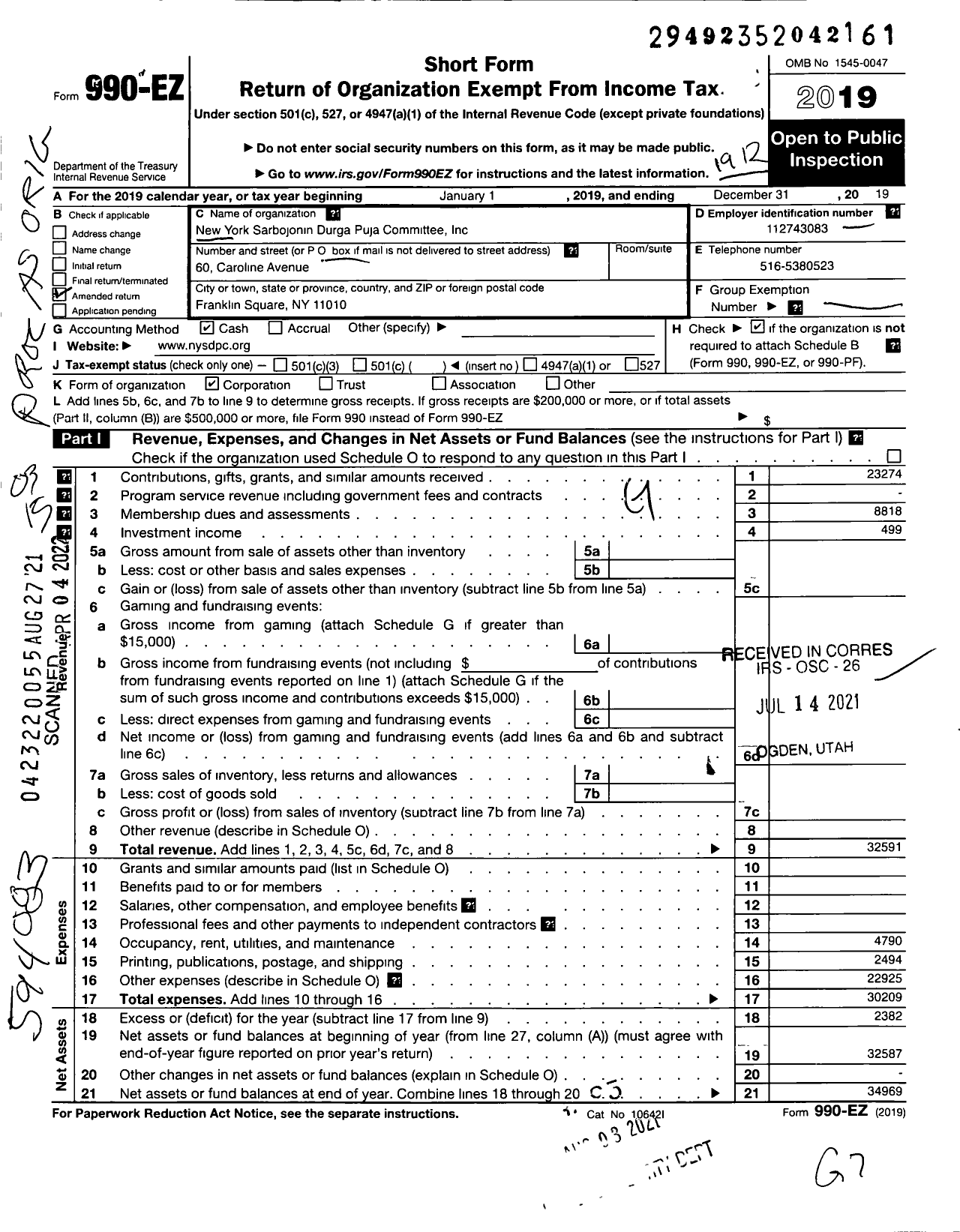 Image of first page of 2019 Form 990EZ for New York Sarbojonin Durga Puja Committee