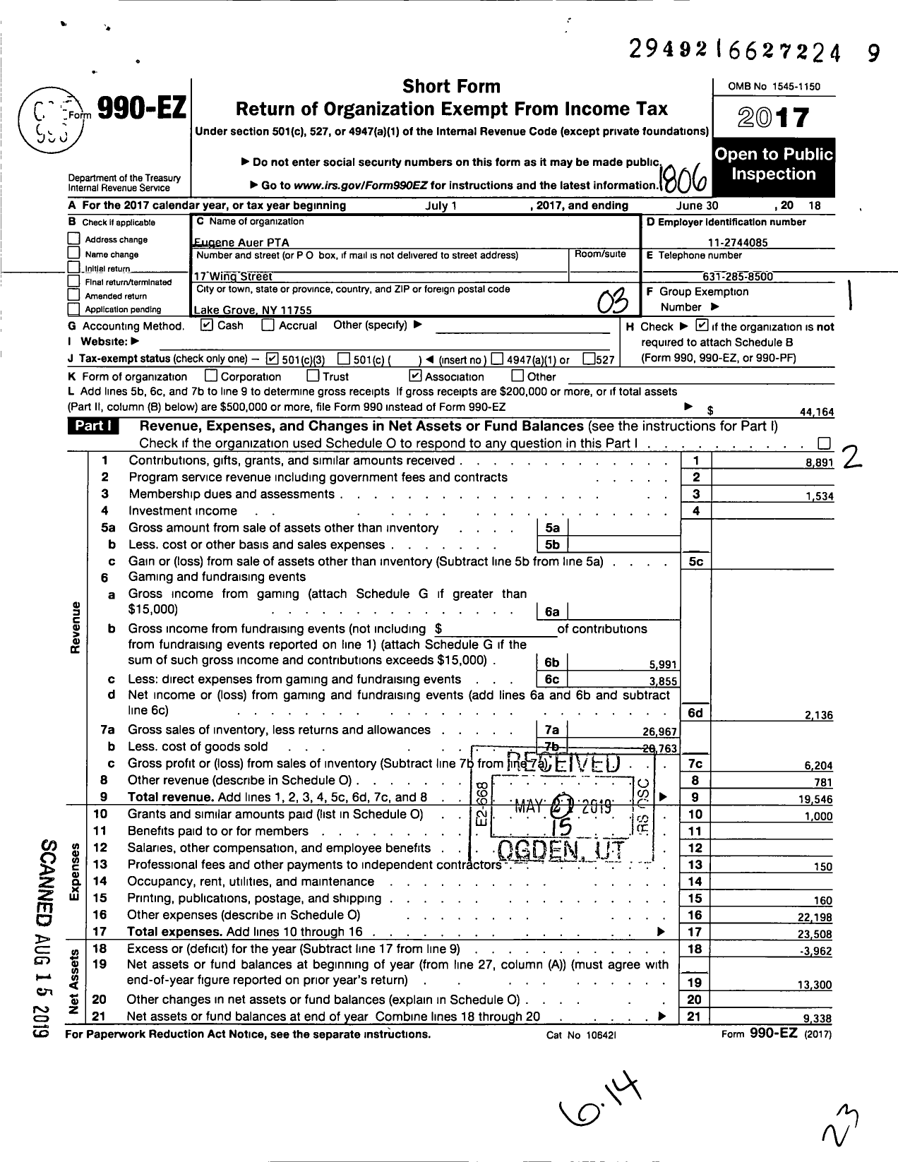 Image of first page of 2017 Form 990EZ for New York State PTA - 005-193 Eugene Auer PTA