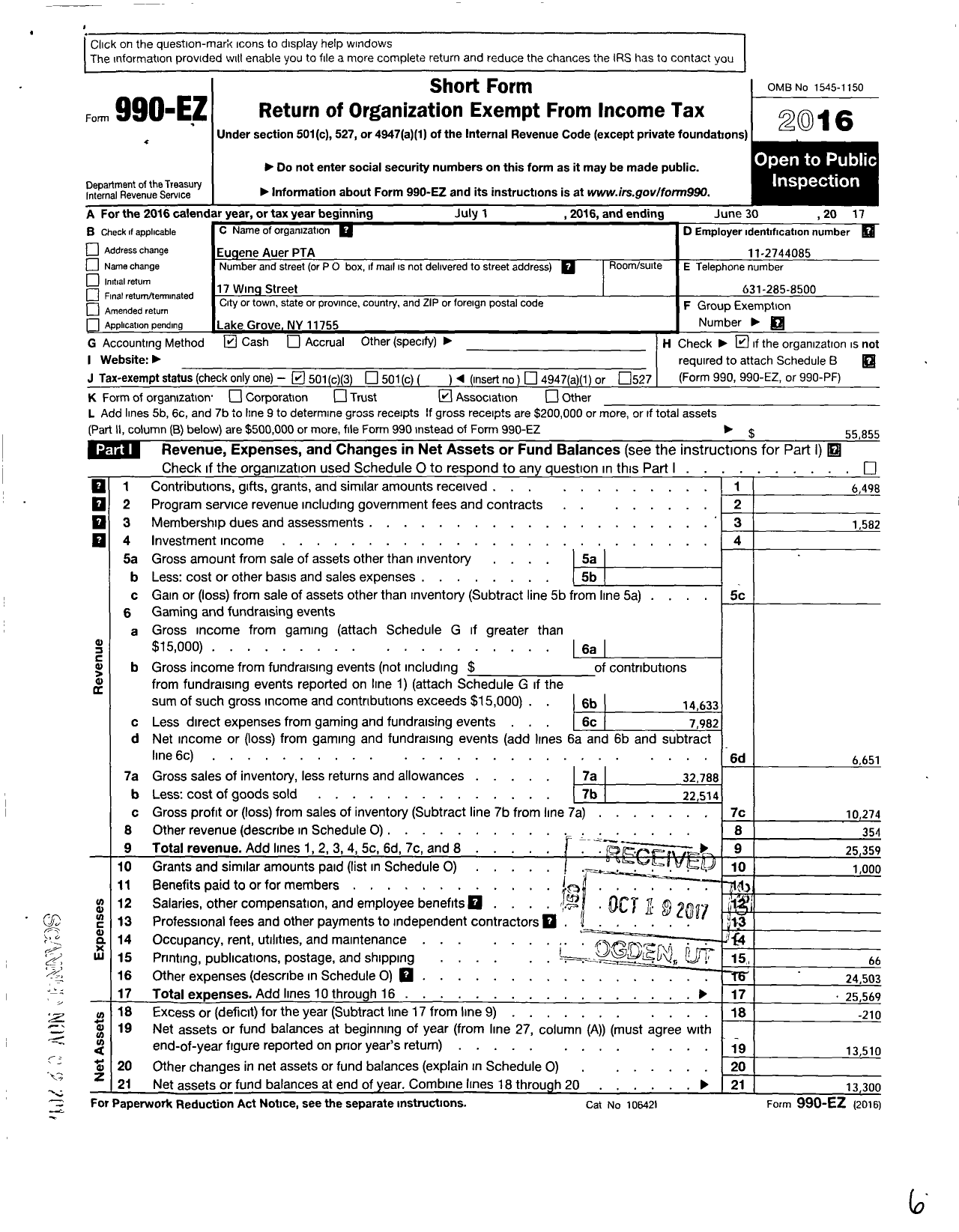 Image of first page of 2016 Form 990EZ for New York State PTA - 005-193 Eugene Auer PTA