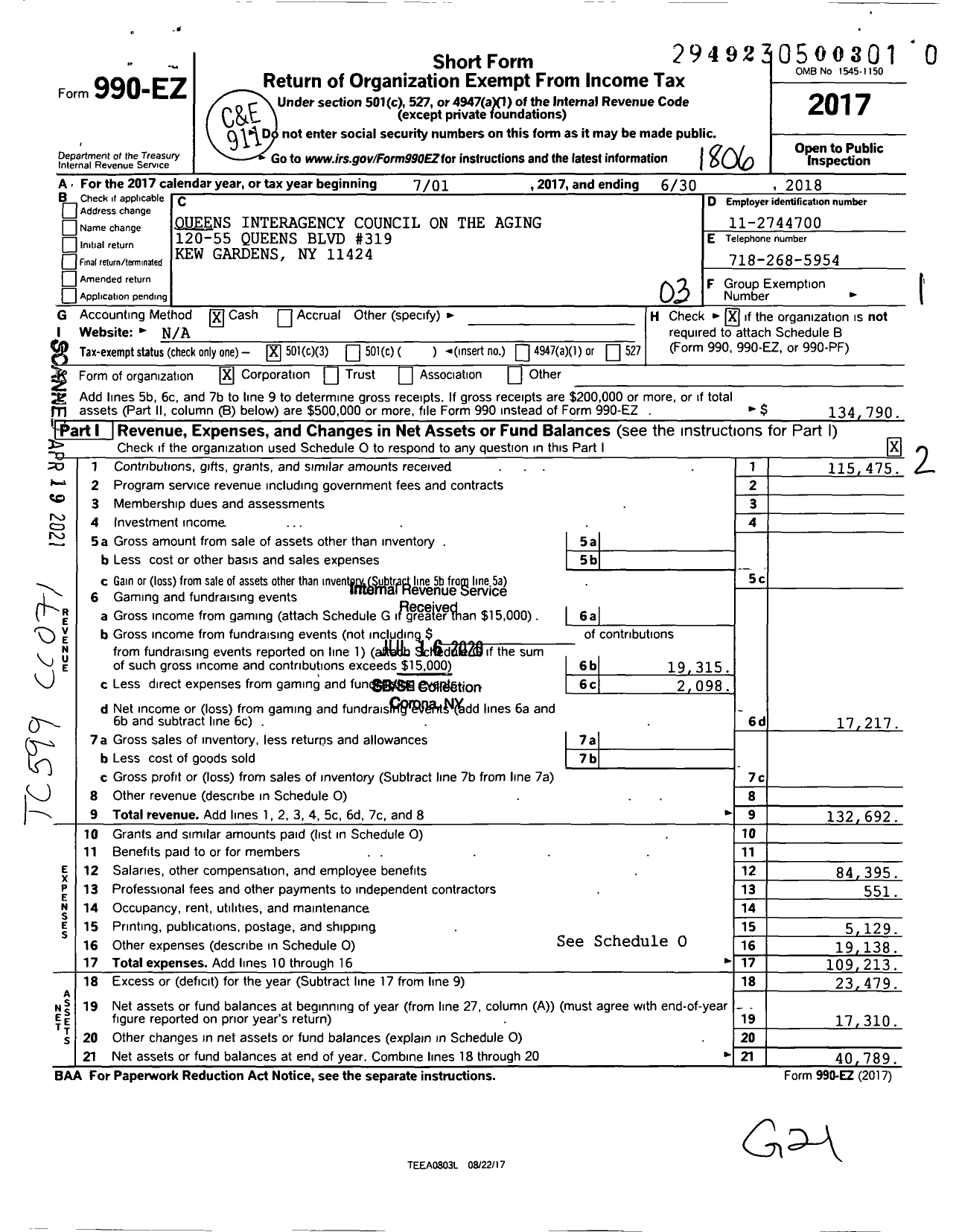 Image of first page of 2017 Form 990EZ for Queens Interagency Council on the Aging