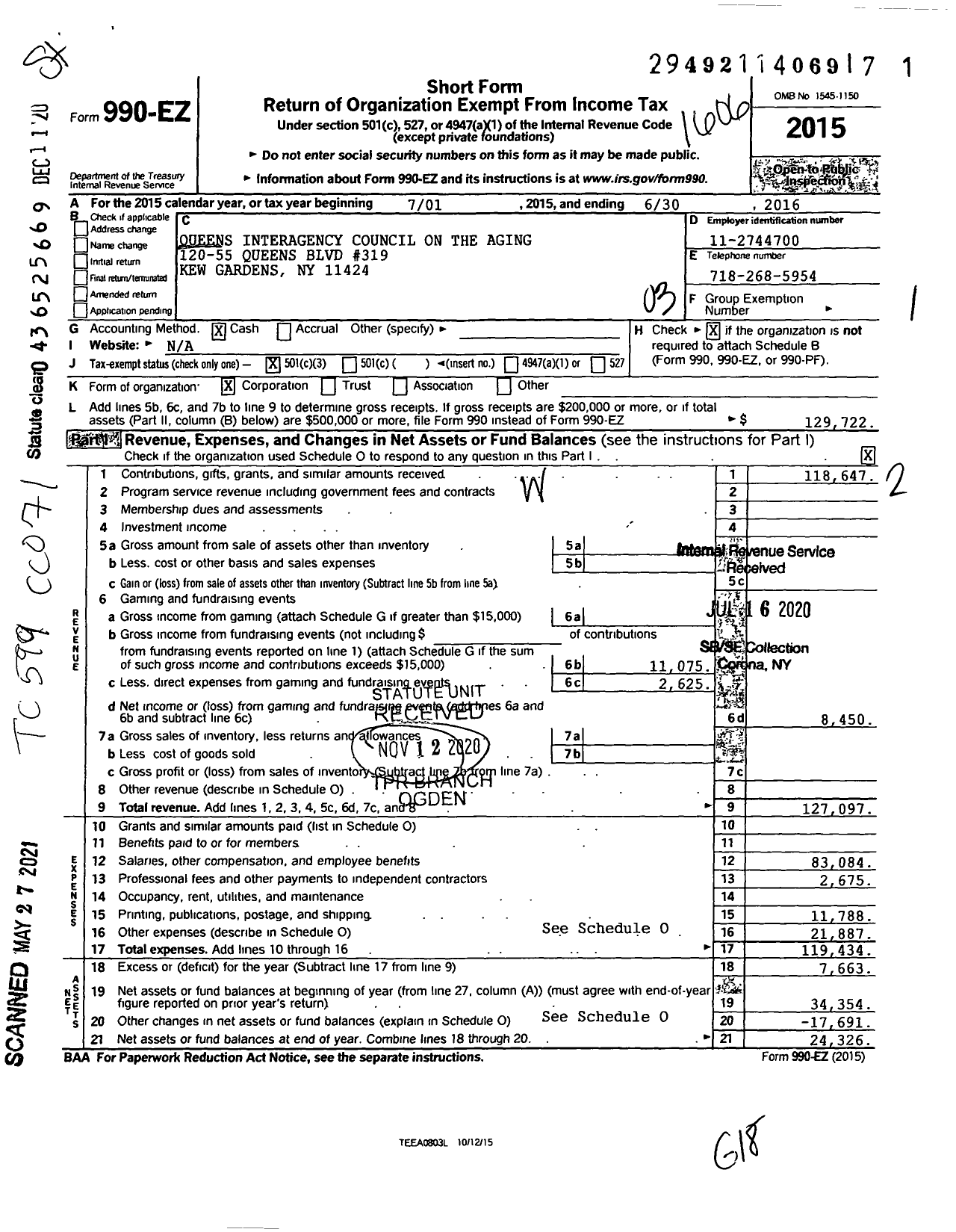 Image of first page of 2015 Form 990EZ for Queens Interagency Council on the Aging