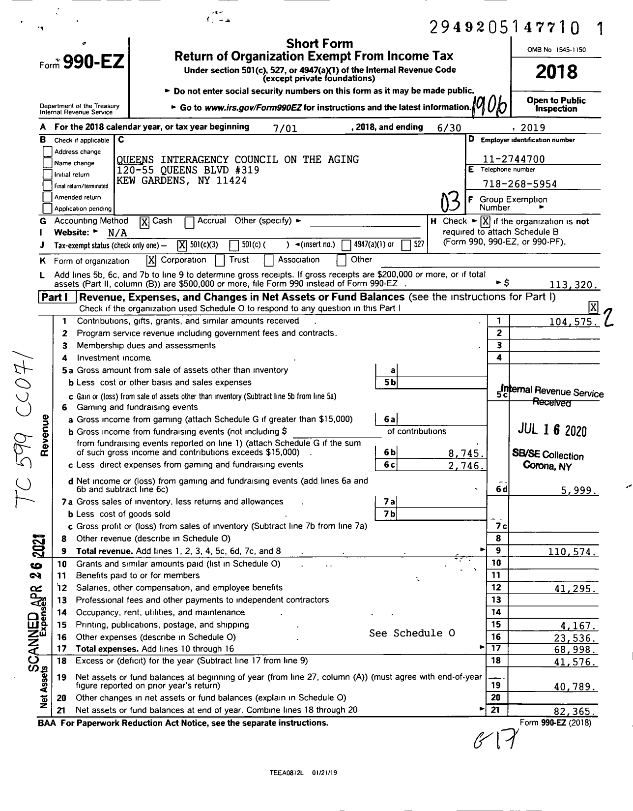 Image of first page of 2018 Form 990EZ for Queens Interagency Council on the Aging