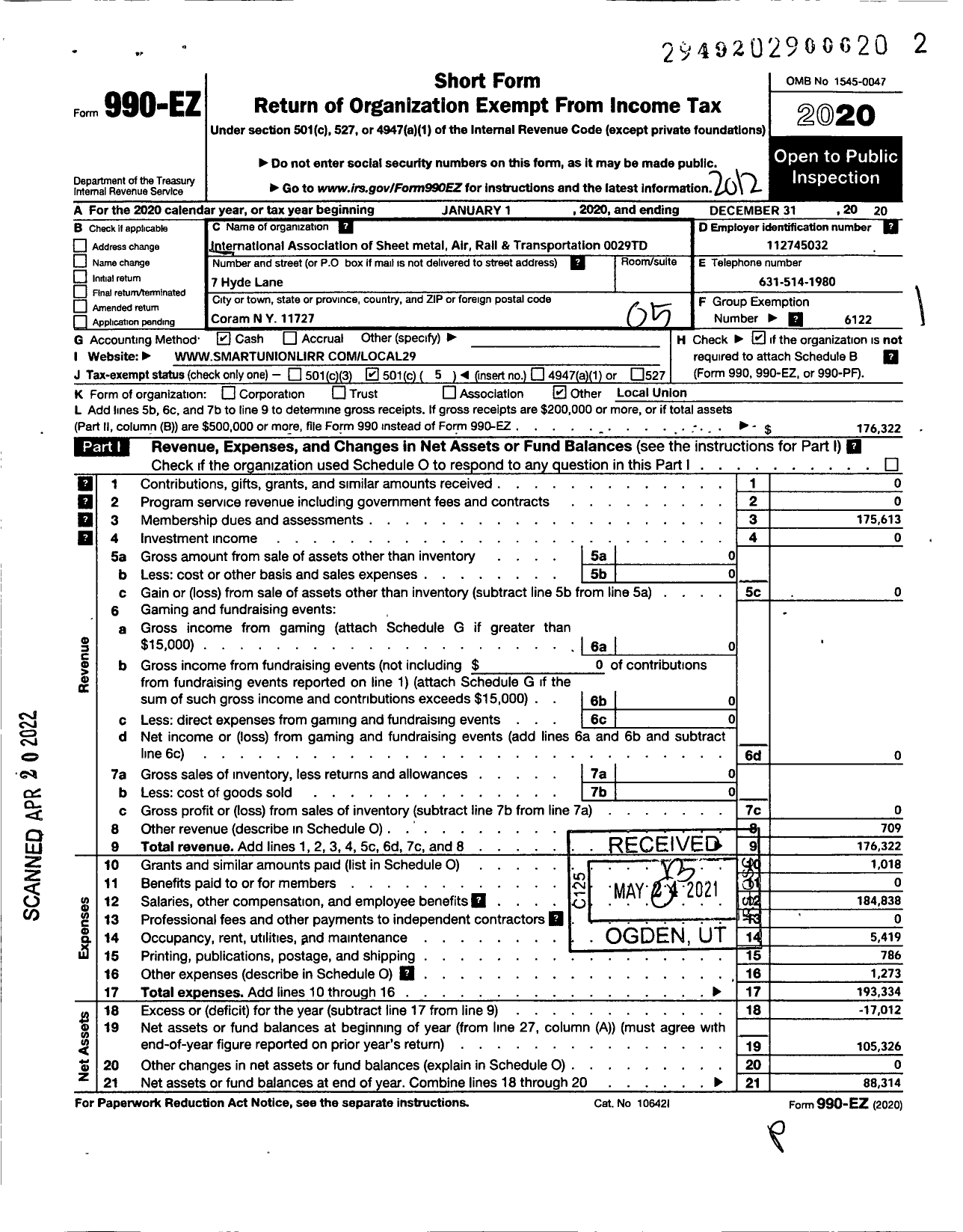 Image of first page of 2020 Form 990EO for Smart Union - 29 TD