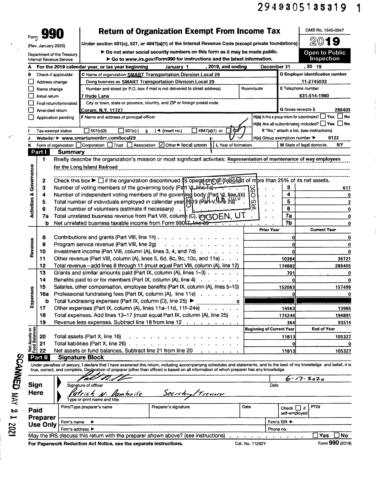 Image of first page of 2019 Form 990O for Smart Union - 29 TD