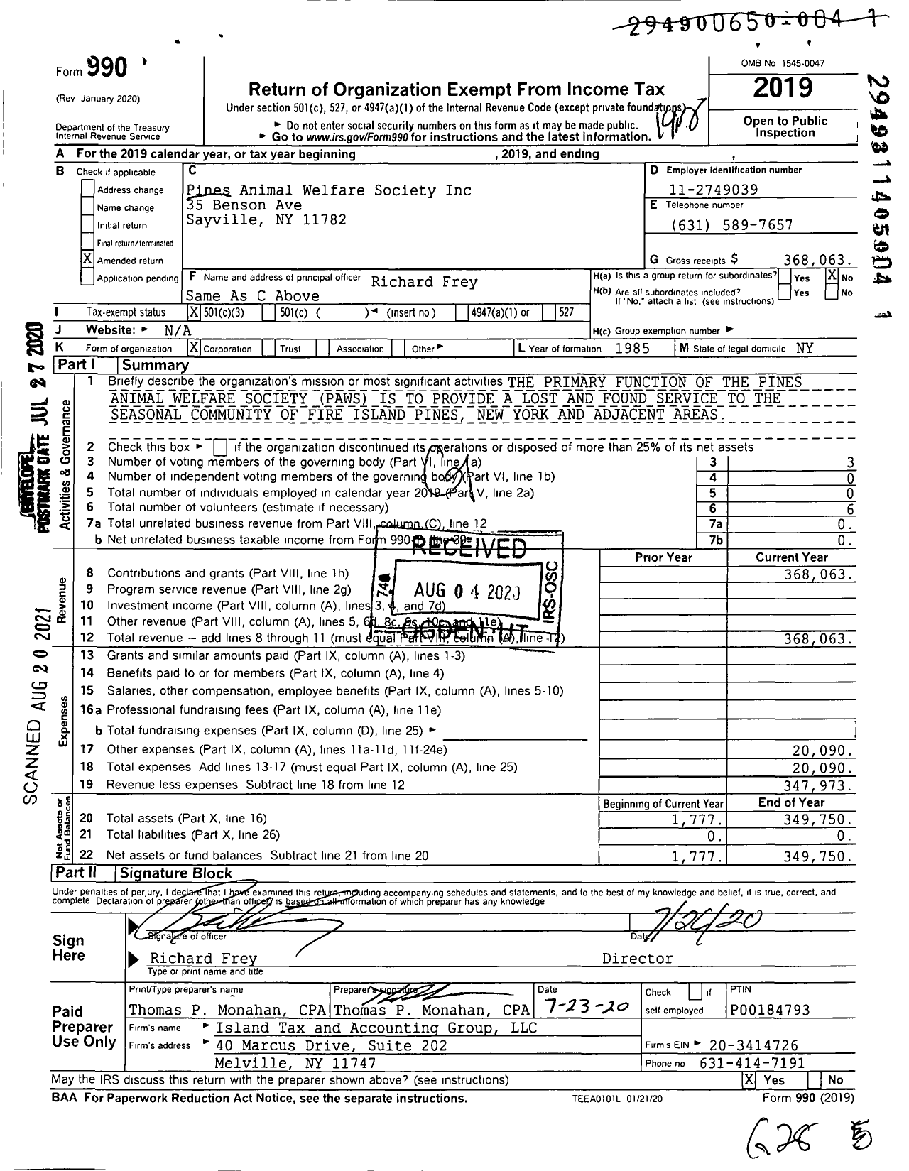 Image of first page of 2019 Form 990 for Pines Animal Welfare Society