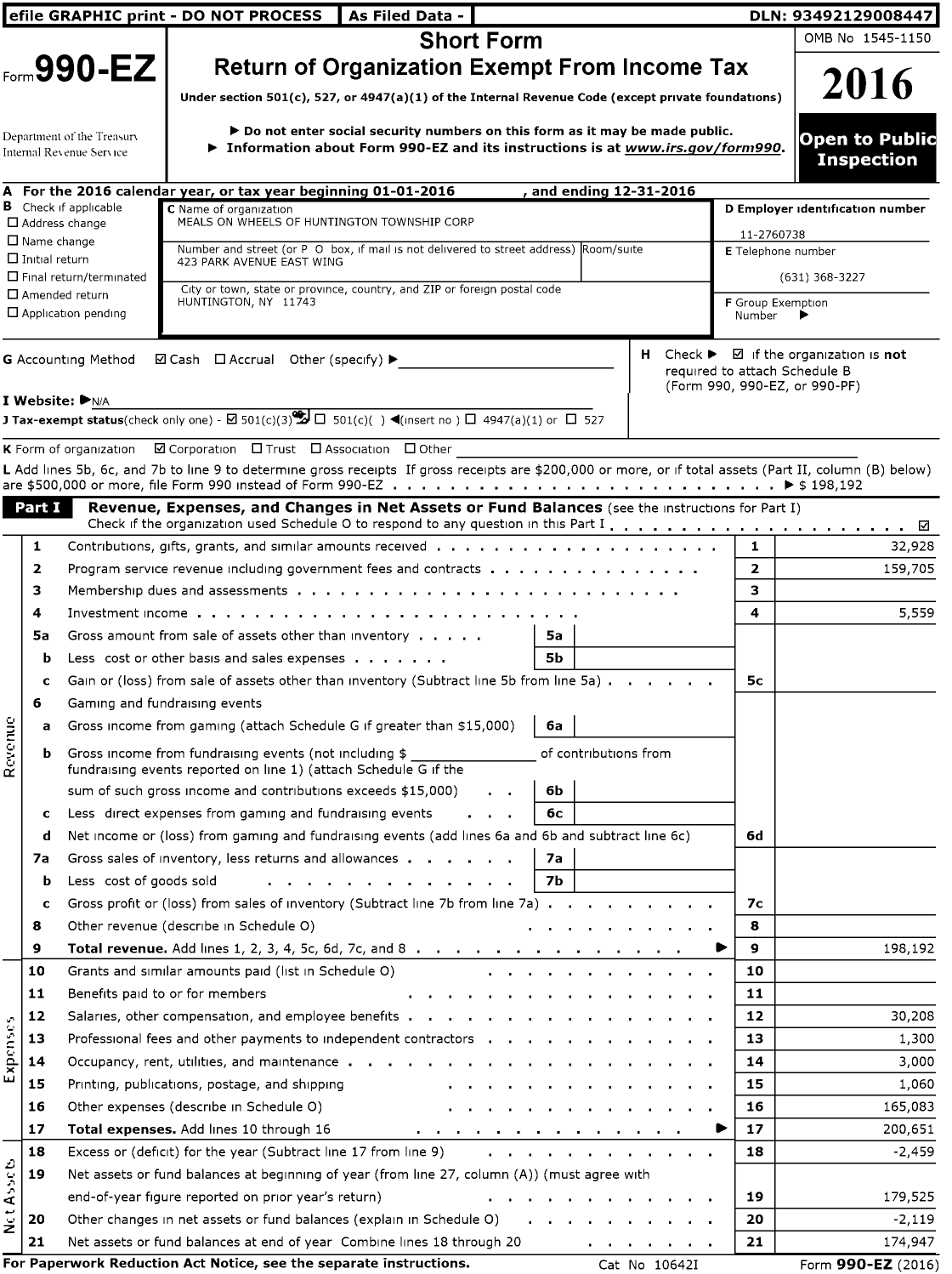 Image of first page of 2016 Form 990EZ for Meals on Wheels of Huntington Township Corporation