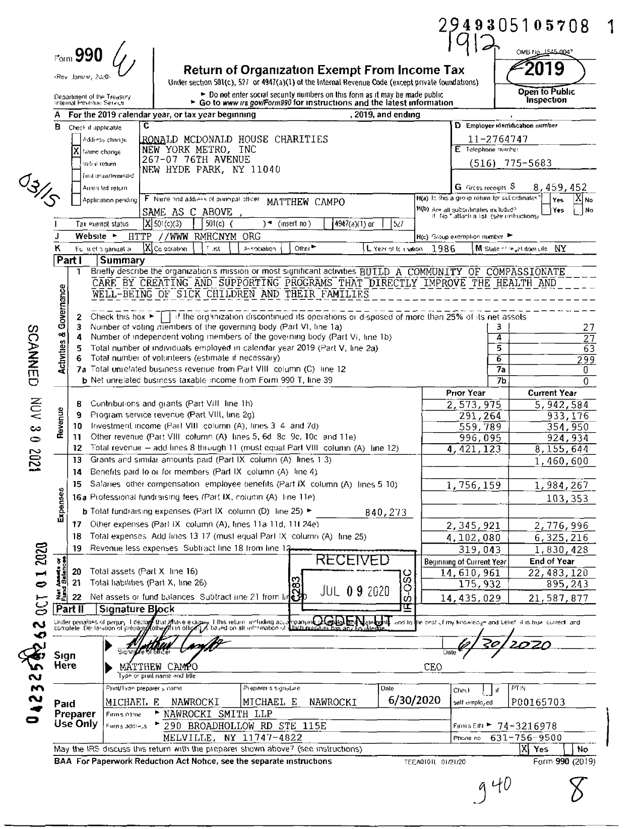 Image of first page of 2019 Form 990 for Ronald McDonald House Charities New York Metro