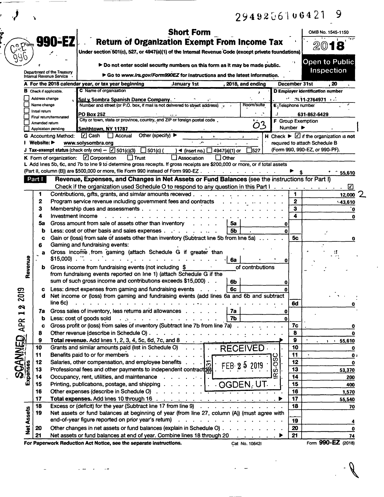 Image of first page of 2018 Form 990EZ for Sol y Sombra Spanish Dance Company