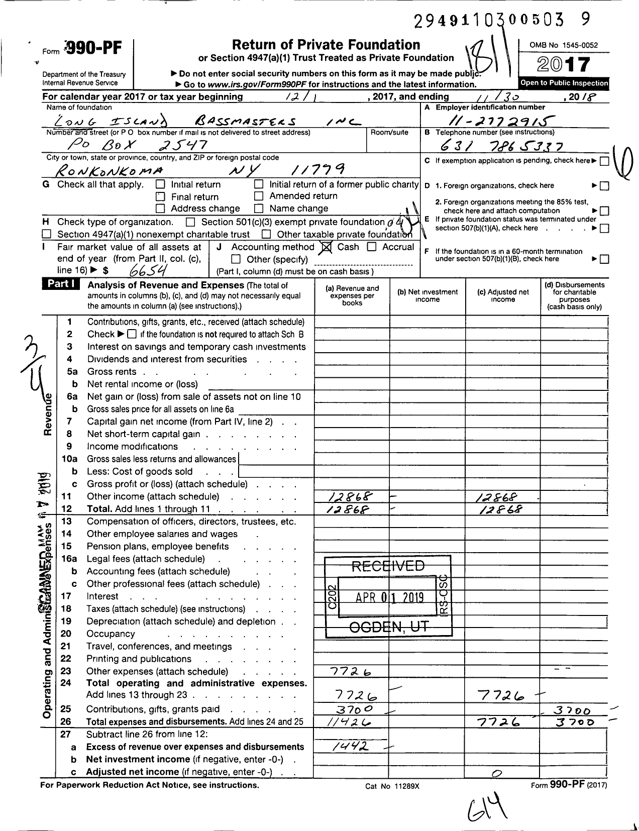 Image of first page of 2017 Form 990PF for Long Island Bassmasters