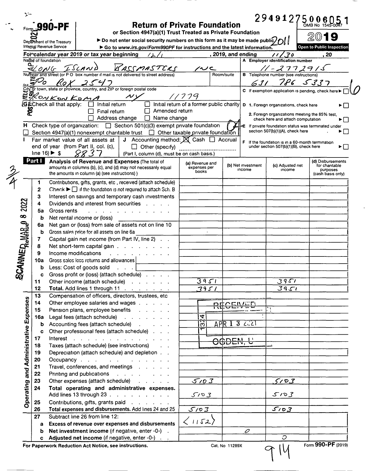 Image of first page of 2019 Form 990PF for Long Island Bassmasters