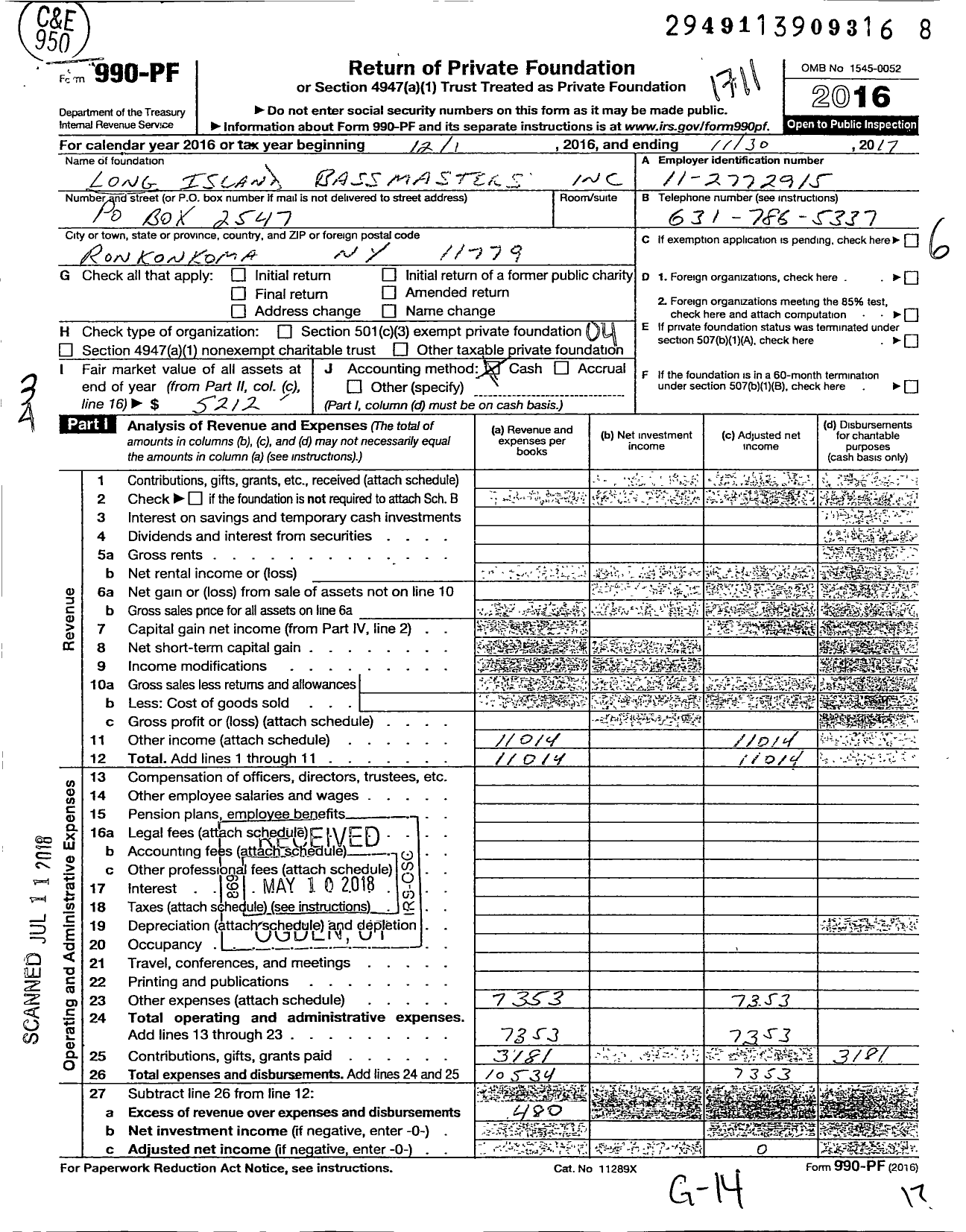 Image of first page of 2016 Form 990PF for Long Island Bassmasters