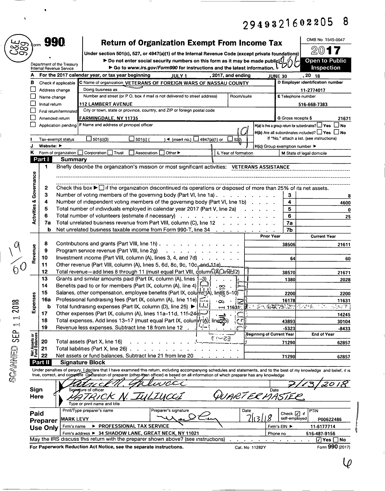 Image of first page of 2017 Form 990O for Department of Ny VFW - Nassau County Council