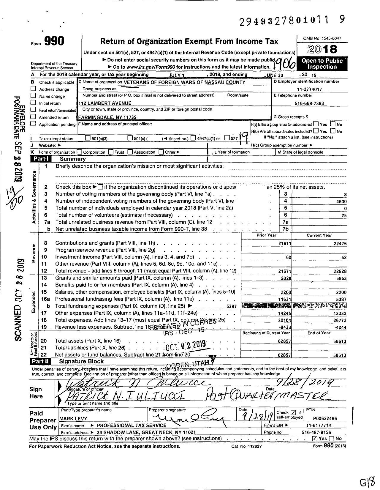 Image of first page of 2018 Form 990O for Department of Ny VFW - Nassau County Council