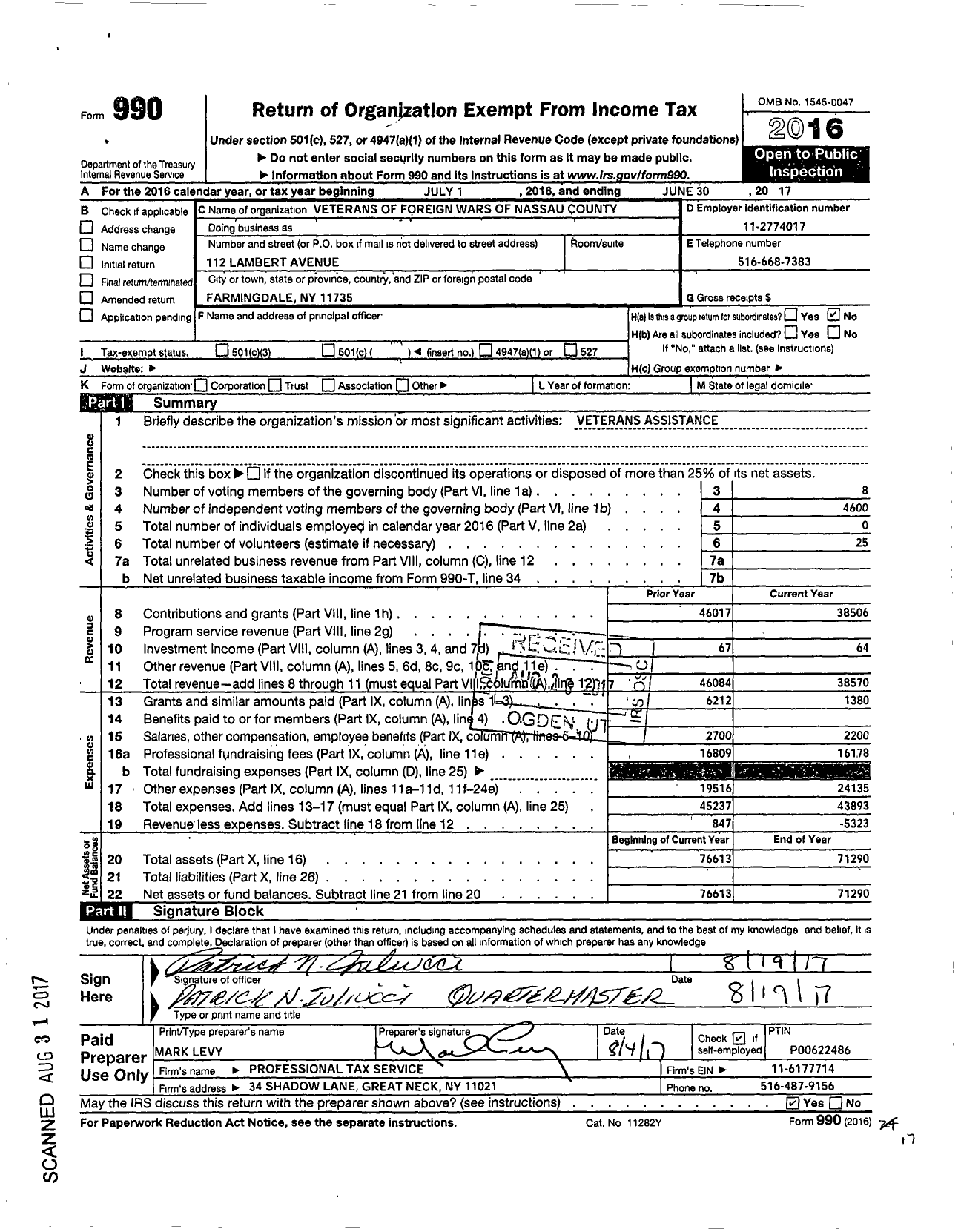 Image of first page of 2016 Form 990O for Department of Ny VFW - Nassau County Council