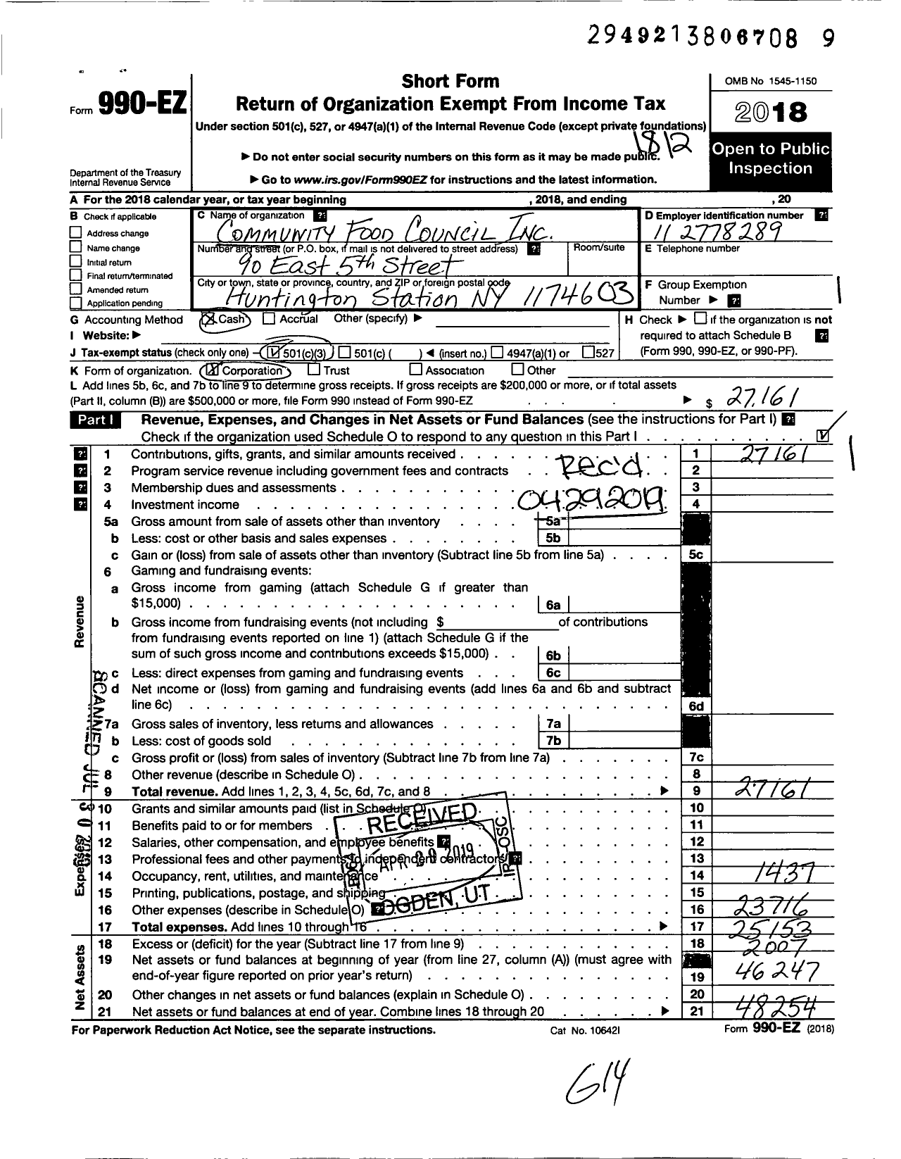 Image of first page of 2018 Form 990EZ for Community Food Council