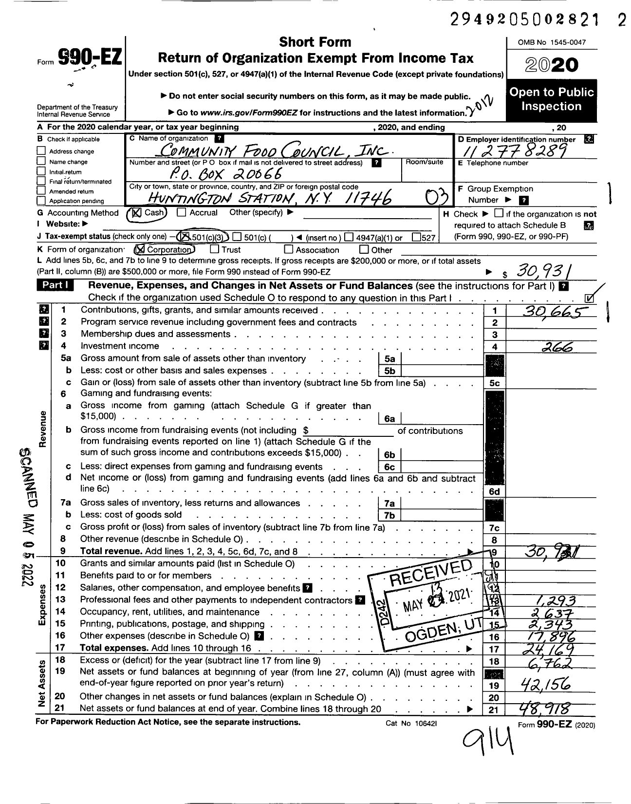 Image of first page of 2020 Form 990EZ for Community Food Council