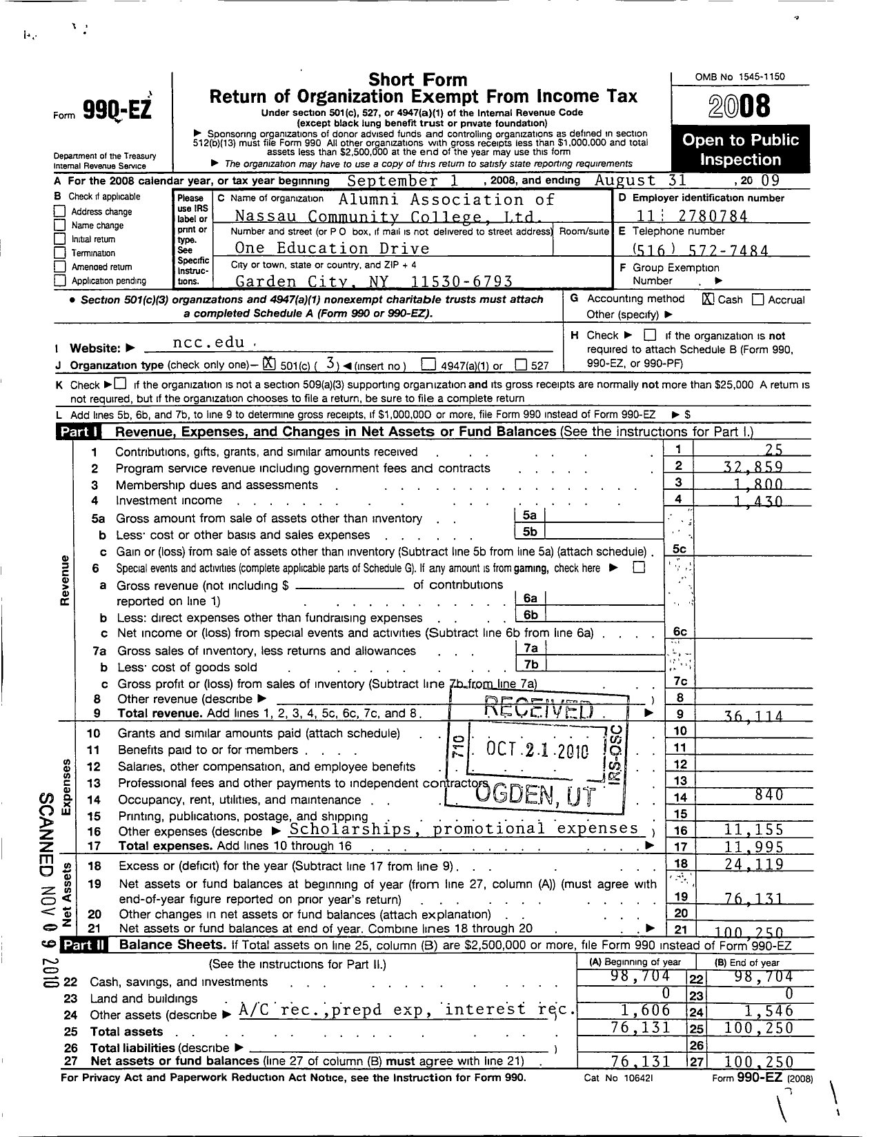 Image of first page of 2008 Form 990EZ for Alumni Association of Nassau