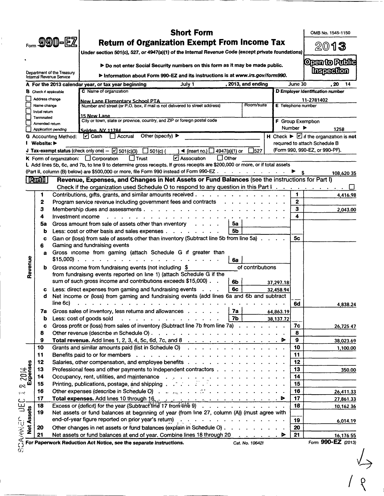 Image of first page of 2013 Form 990EZ for New York State PTA - 005-346 New Lane Memorial PTA
