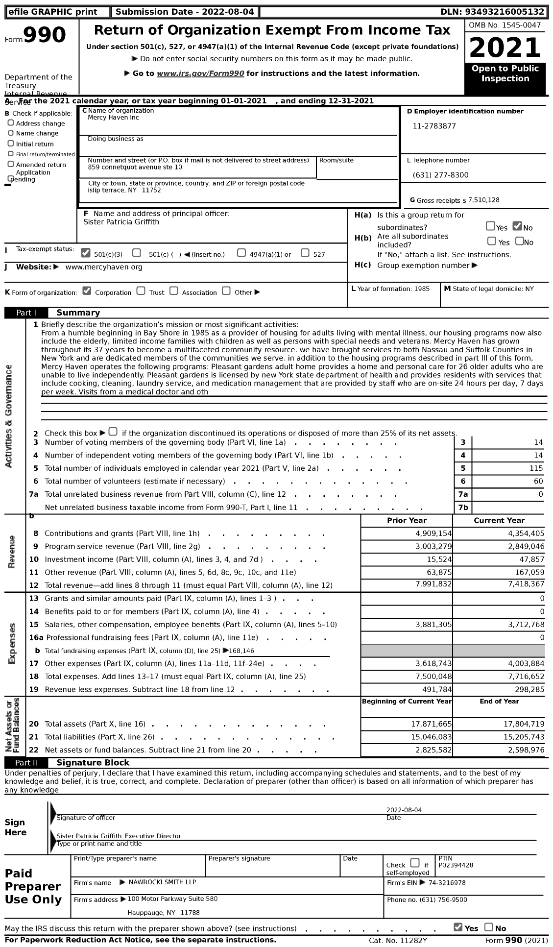 Image of first page of 2021 Form 990 for Mercy Haven