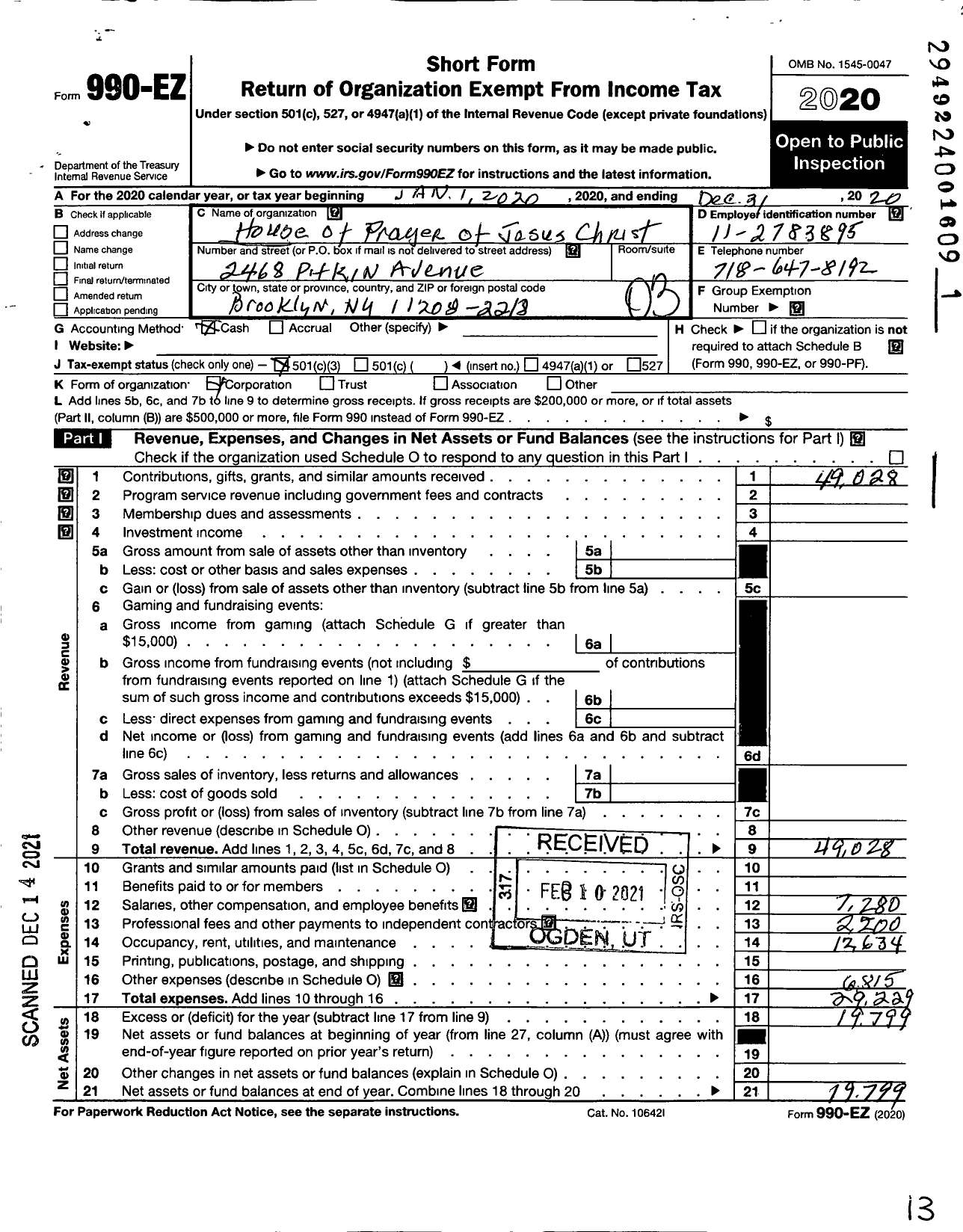 Image of first page of 2020 Form 990EZ for House of Prayer of Jesus Christ