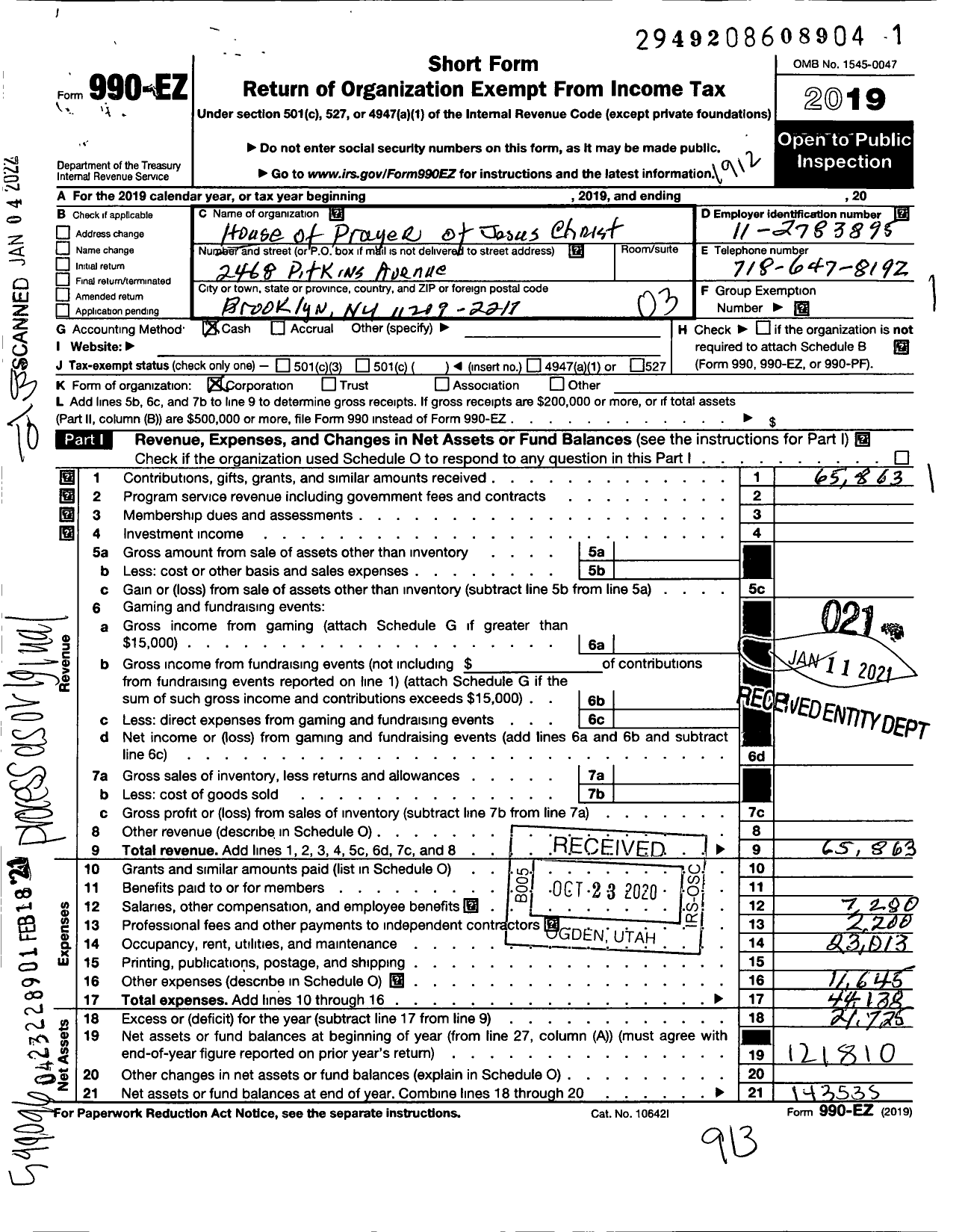 Image of first page of 2019 Form 990EZ for House of Prayer of Jesus Christ