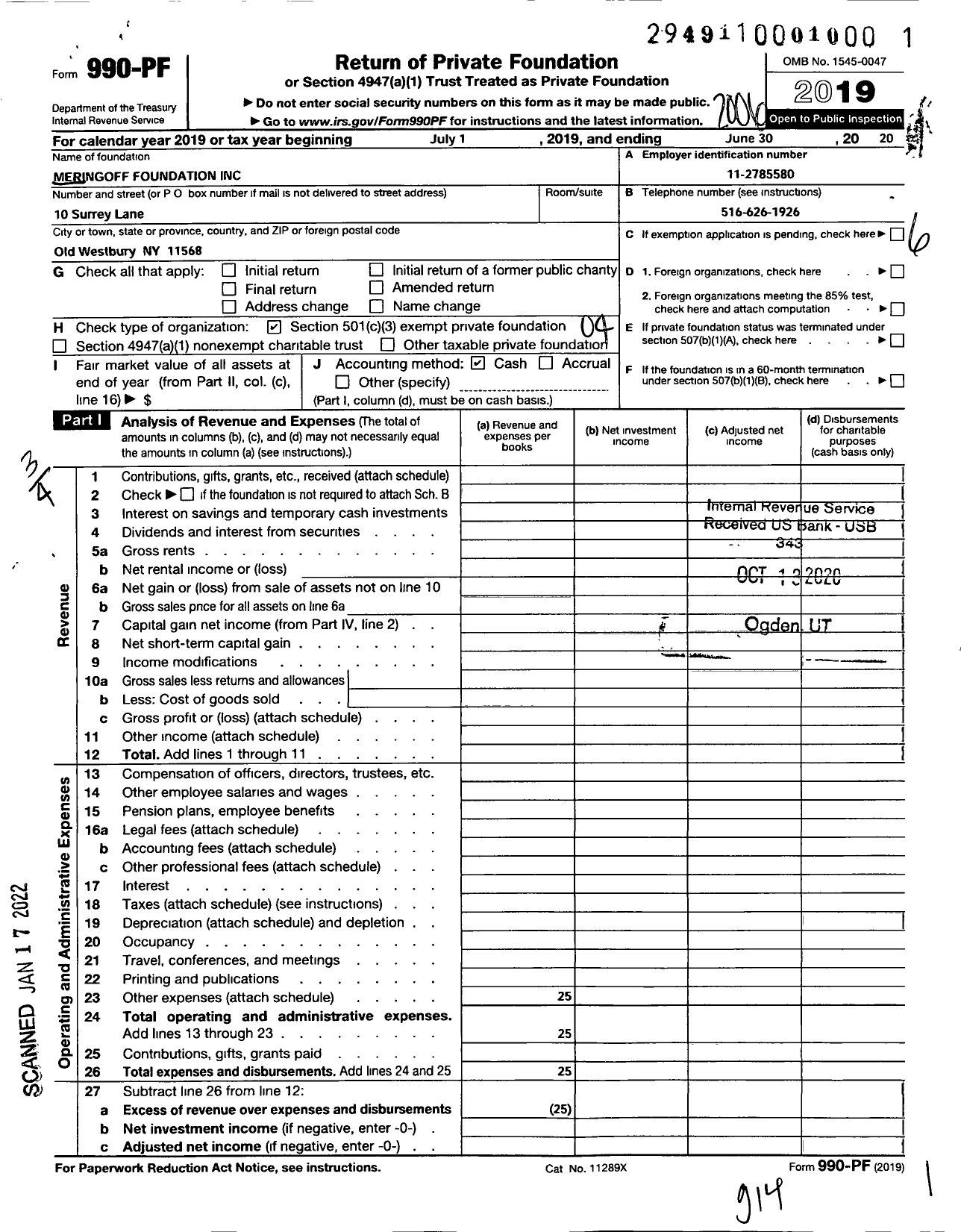 Image of first page of 2019 Form 990PF for Meringoff Foundation