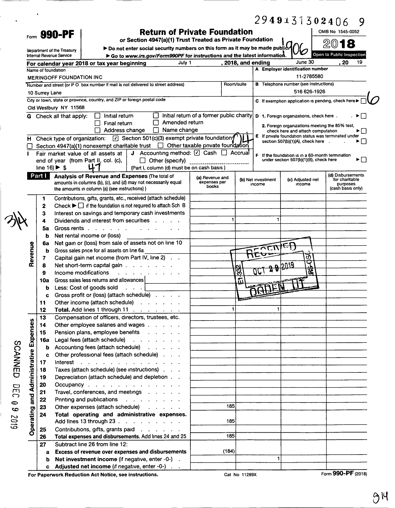 Image of first page of 2018 Form 990PF for Meringoff Foundation