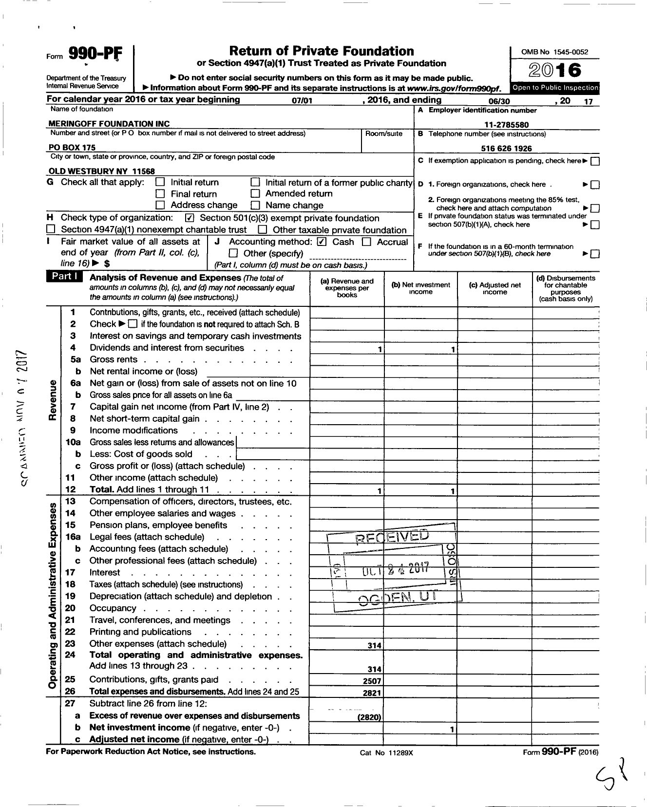 Image of first page of 2016 Form 990PF for Meringoff Foundation