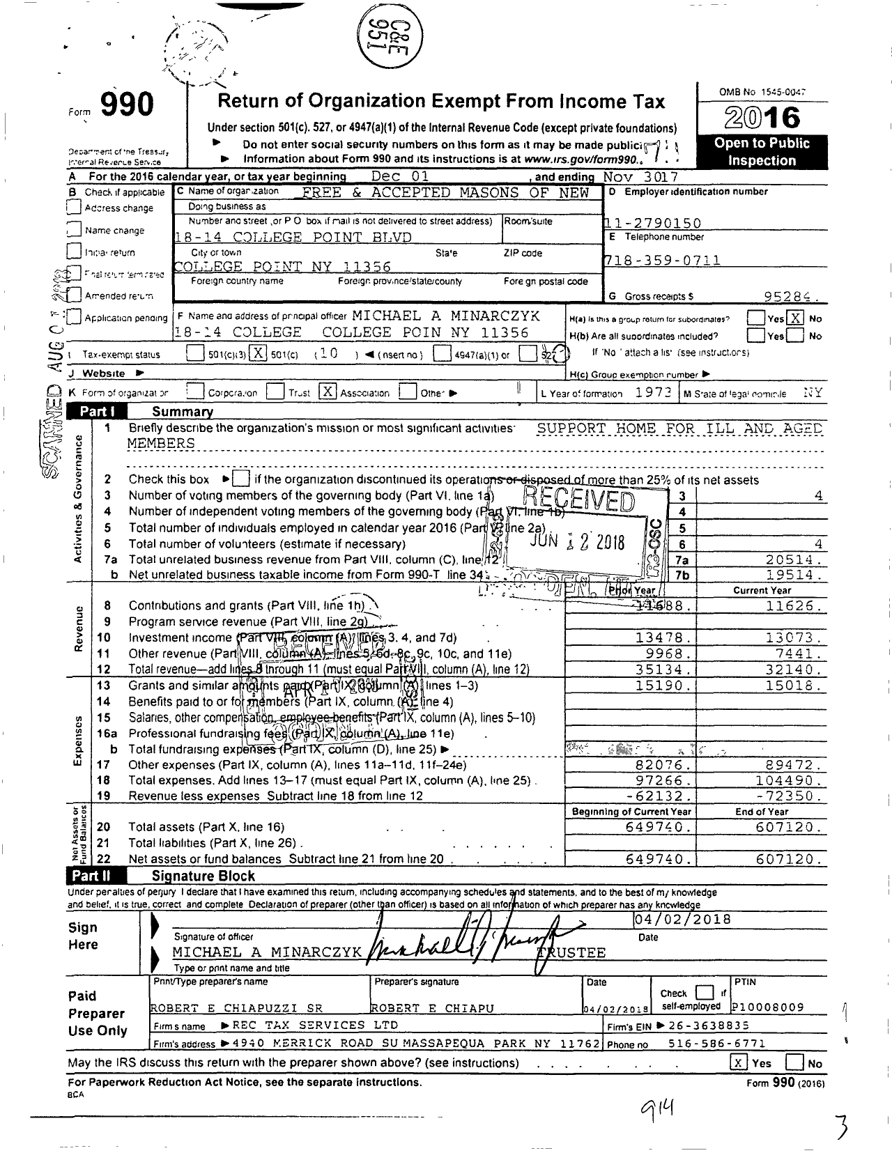 Image of first page of 2016 Form 990O for Free and Accepted Masons of New York - 729 Anchor-Astoria Lodge F&am