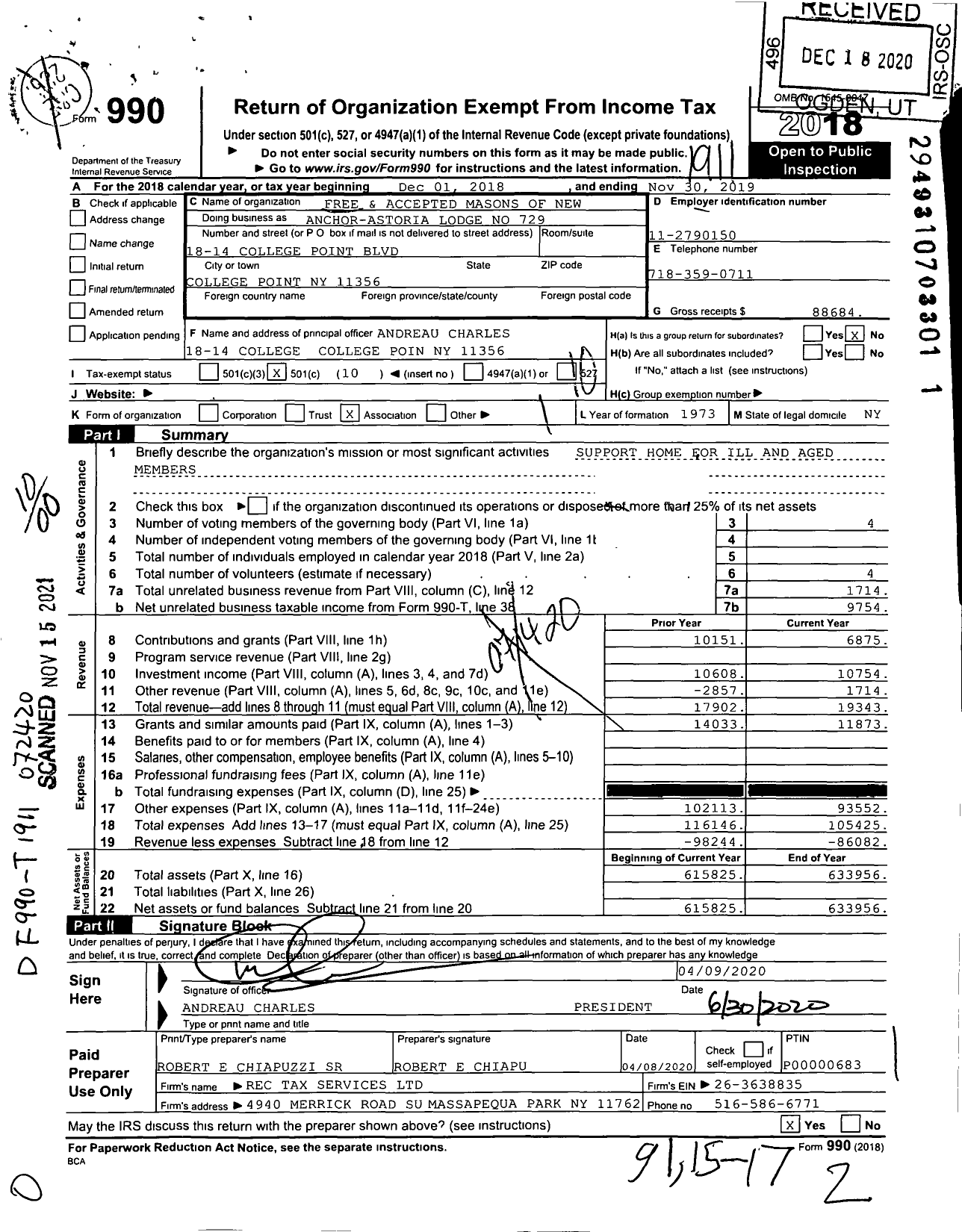 Image of first page of 2018 Form 990O for Free and Accepted Masons of New York - 729 Anchor-Astoria Lodge F&am