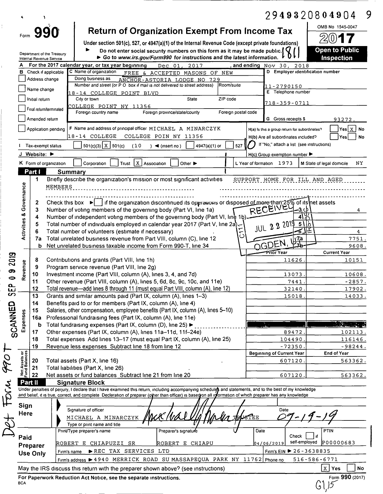 Image of first page of 2017 Form 990O for Free and Accepted Masons of New York - 729 Anchor-Astoria Lodge F&am