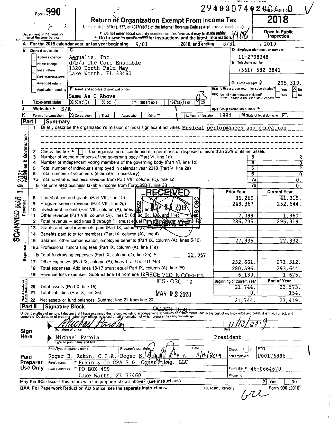 Image of first page of 2018 Form 990 for The Core Ensemble