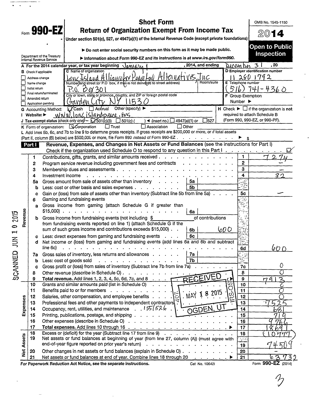 Image of first page of 2014 Form 990EZ for Long Island Aliance for Peaceful Alternatives