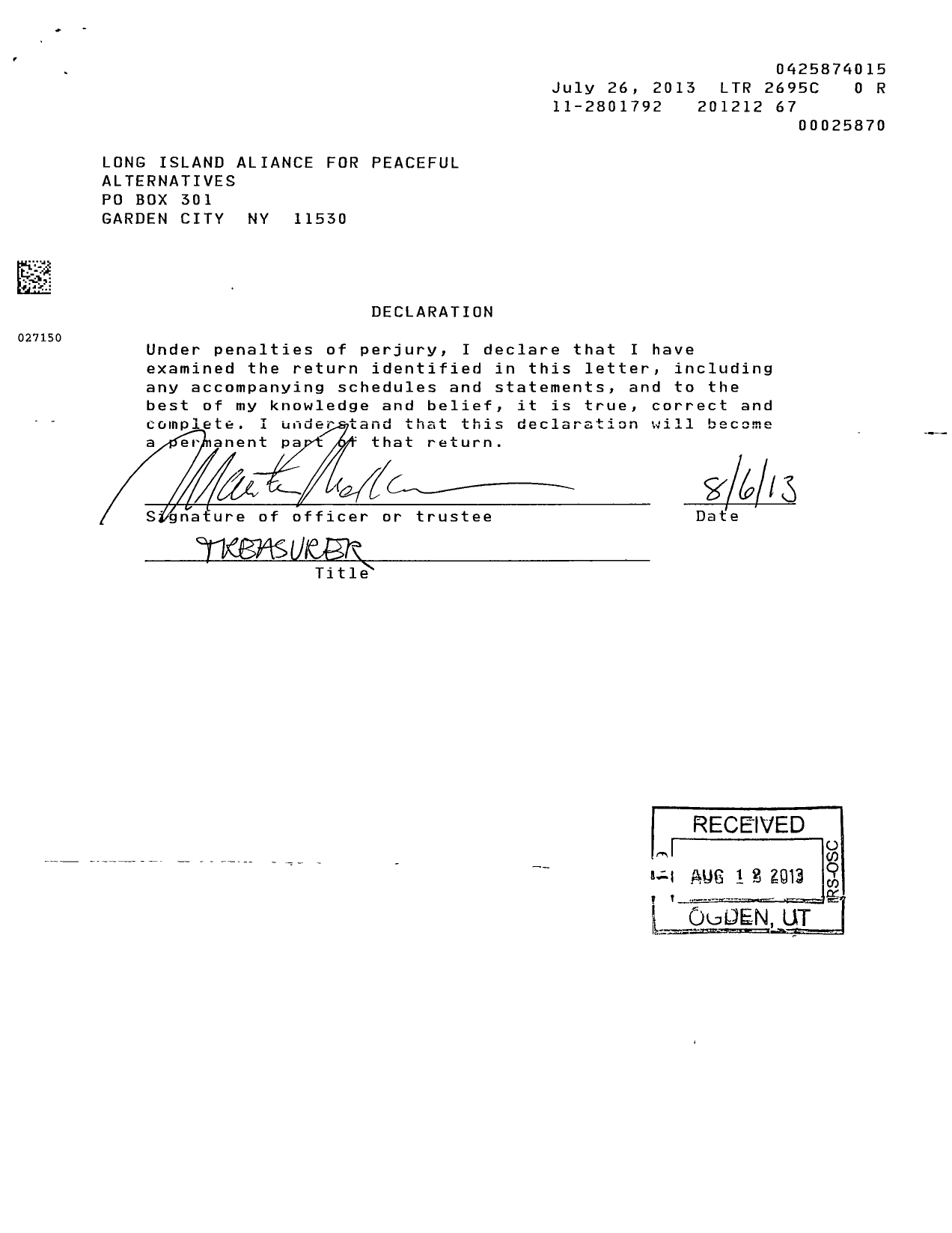 Image of first page of 2012 Form 990ER for Long Island Aliance for Peaceful Alternatives