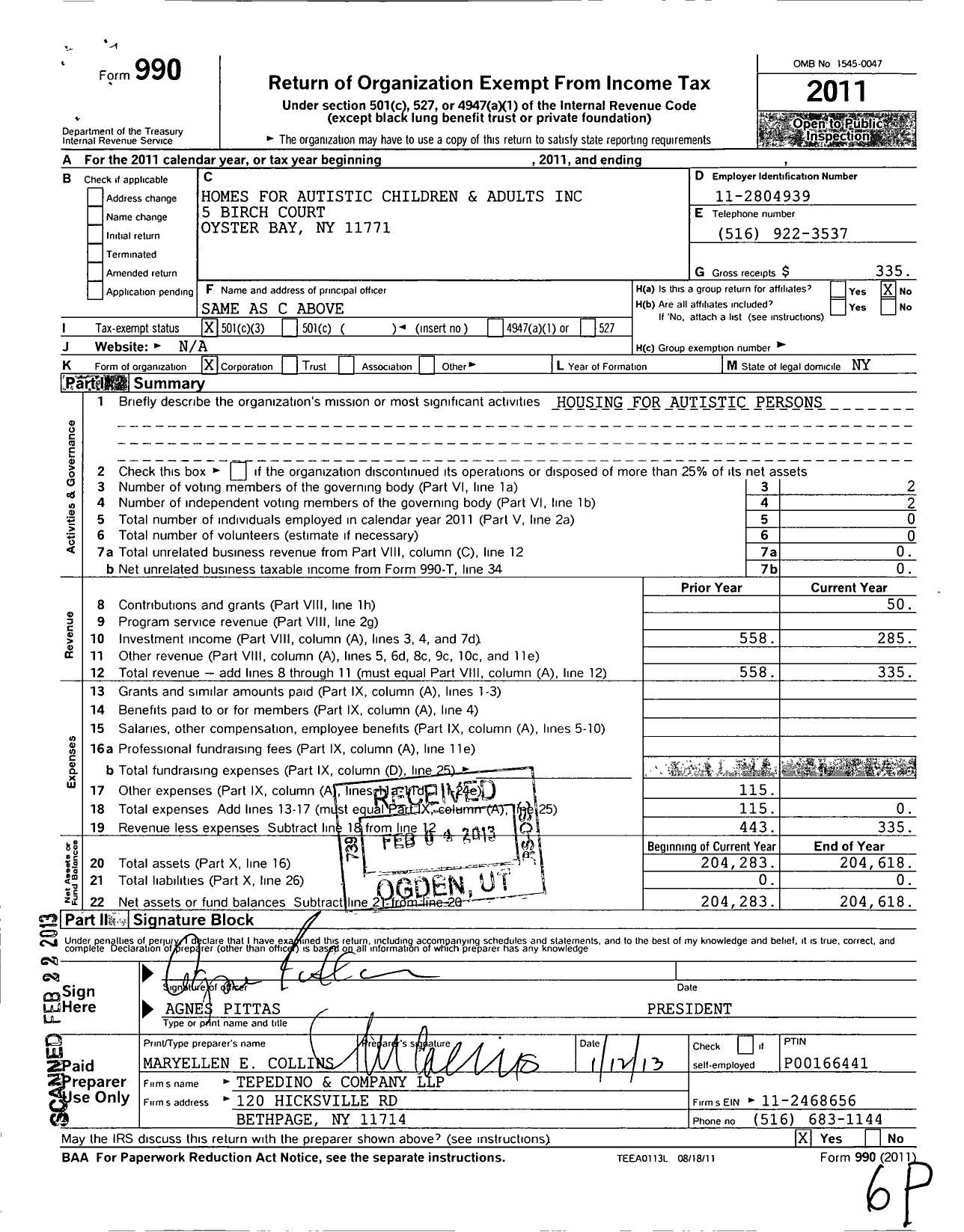 Image of first page of 2011 Form 990 for Homes for Autistic Children and Adults