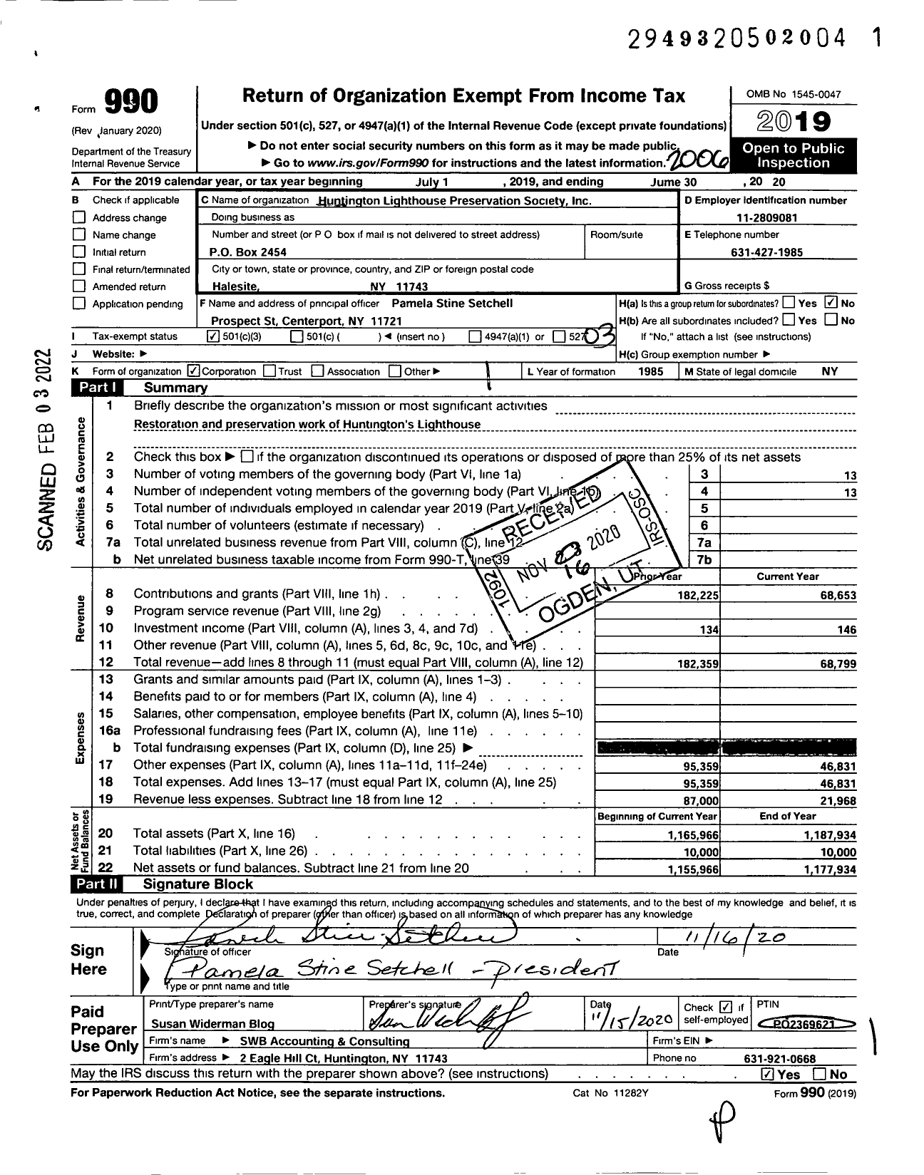 Image of first page of 2019 Form 990 for Huntington Lighthouse Preservation Society