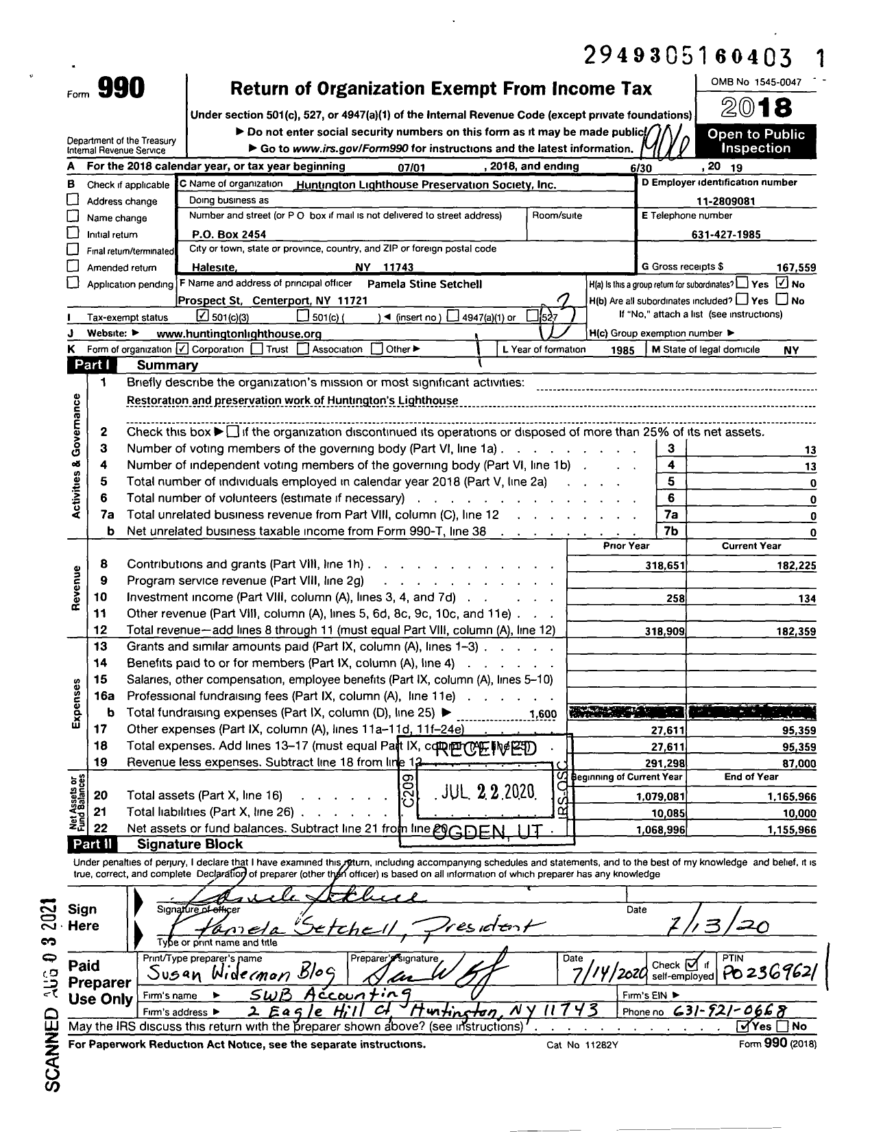 Image of first page of 2018 Form 990 for Huntington Lighthouse Preservation Society