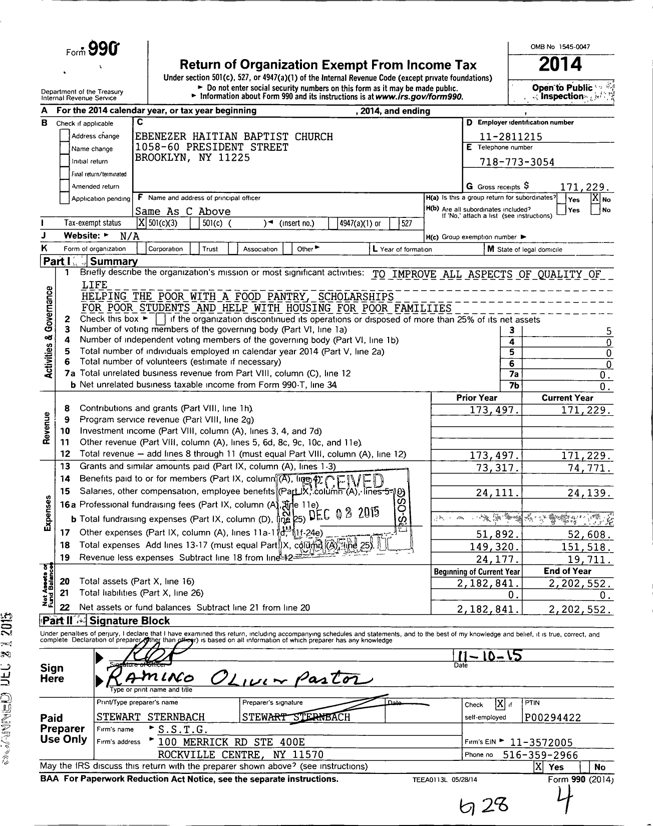 Image of first page of 2014 Form 990 for Ebenezer Haitian Baptist Church