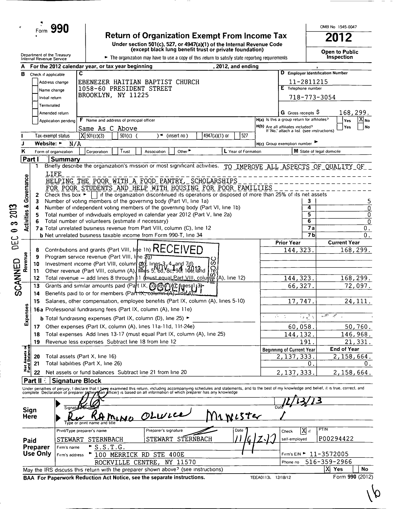 Image of first page of 2012 Form 990 for Ebenezer Haitian Baptist Church