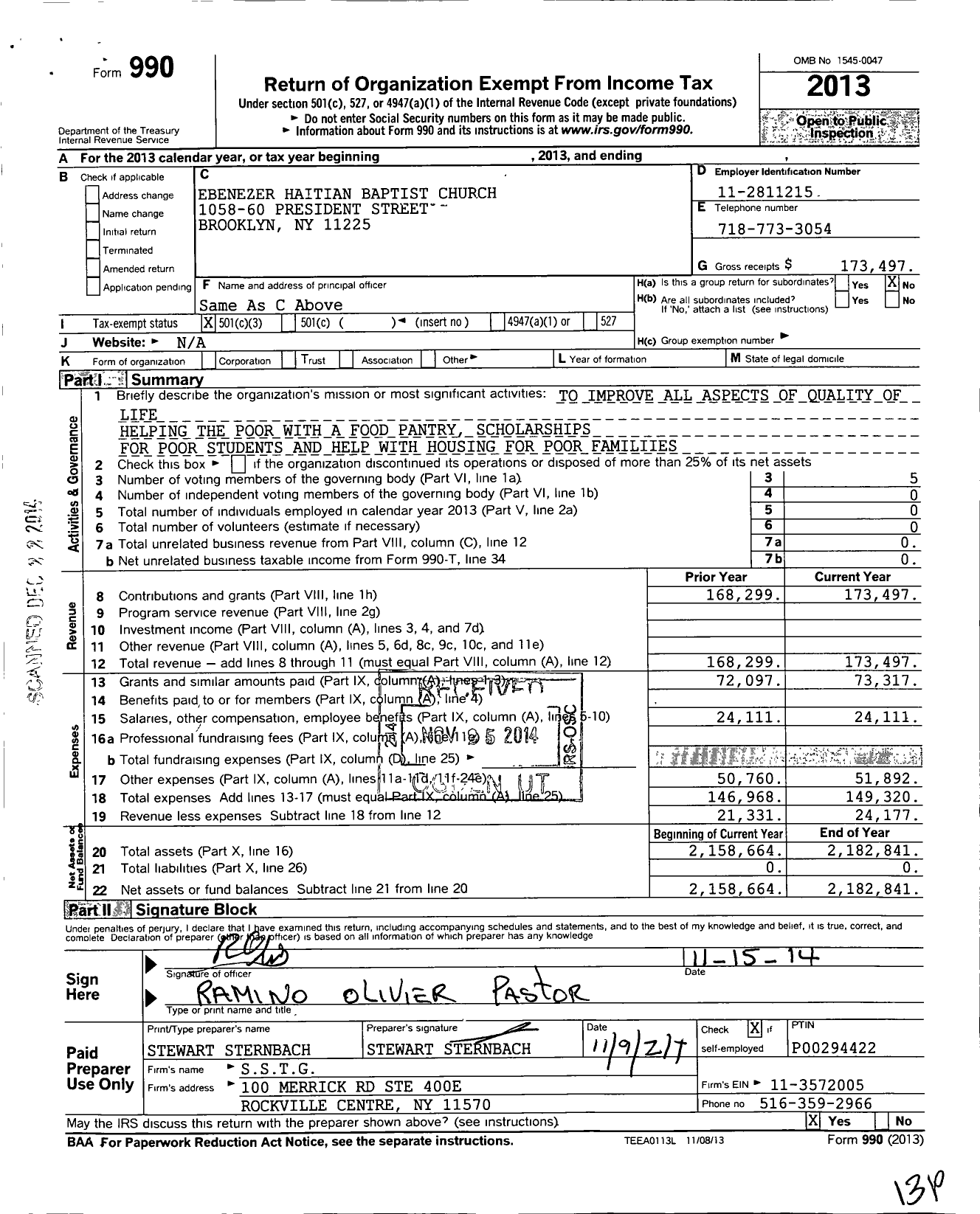 Image of first page of 2013 Form 990 for Ebenezer Haitian Baptist Church