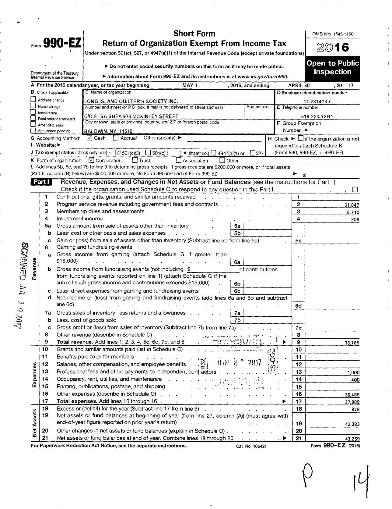 Image of first page of 2016 Form 990EZ for Long Island Quilters Society