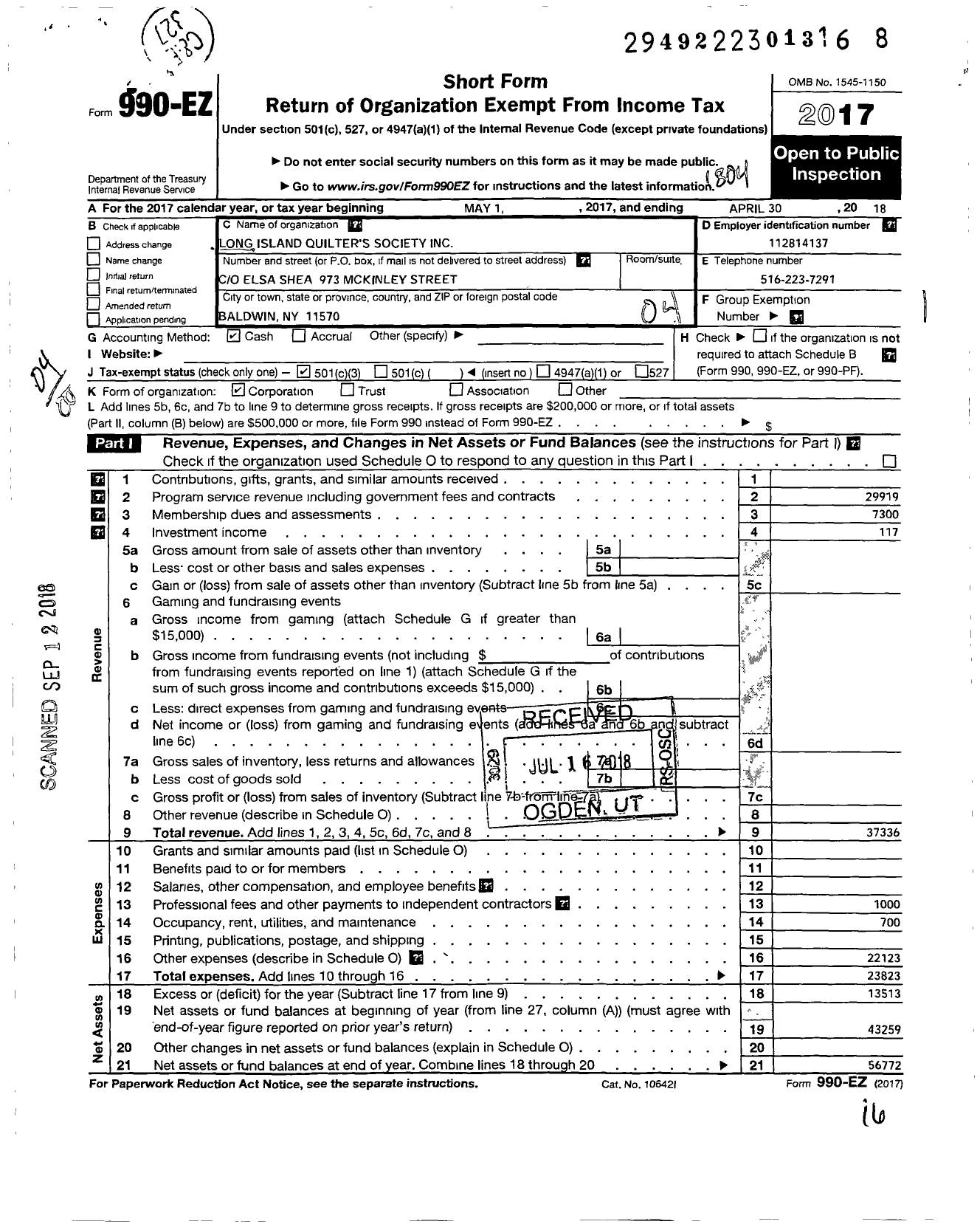 Image of first page of 2017 Form 990EO for Long Island Quilters Society