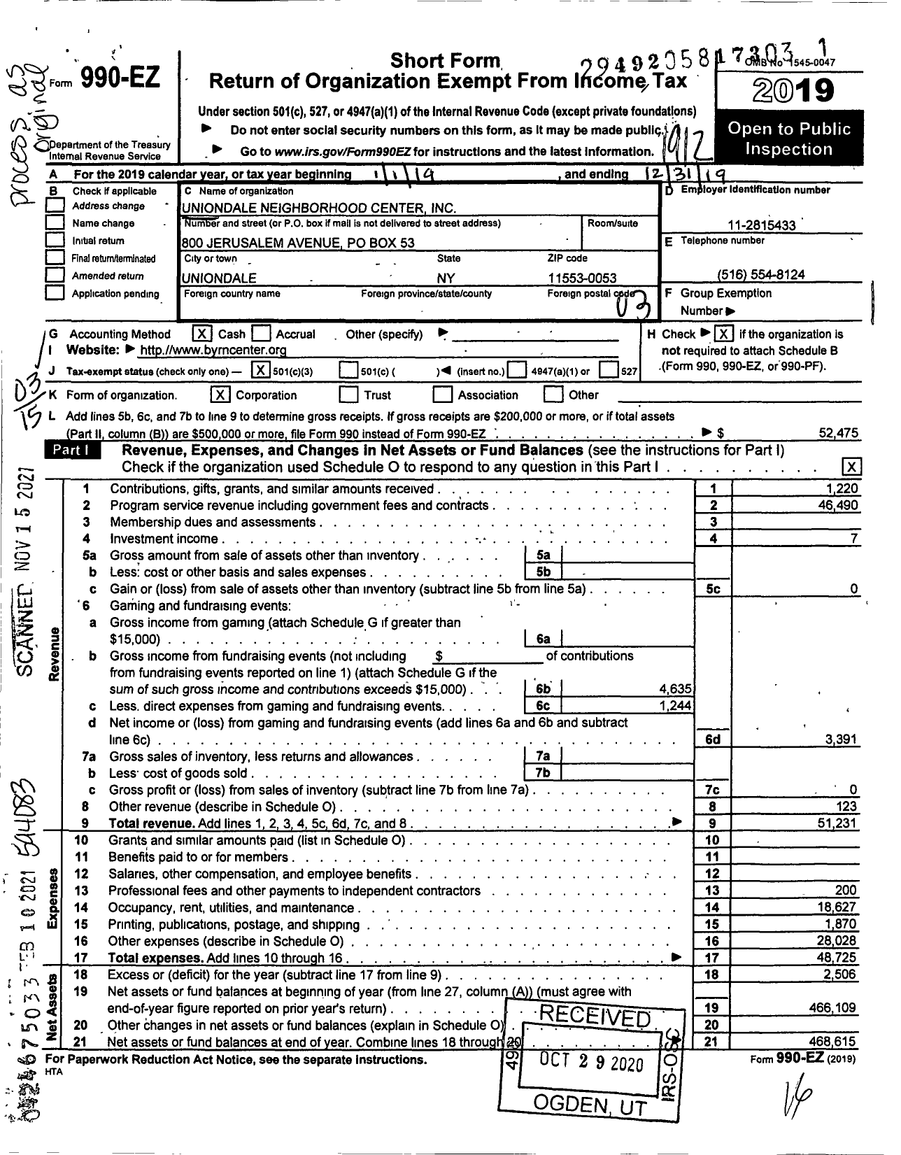 Image of first page of 2019 Form 990EZ for John J Byrne Community Center Uniondale