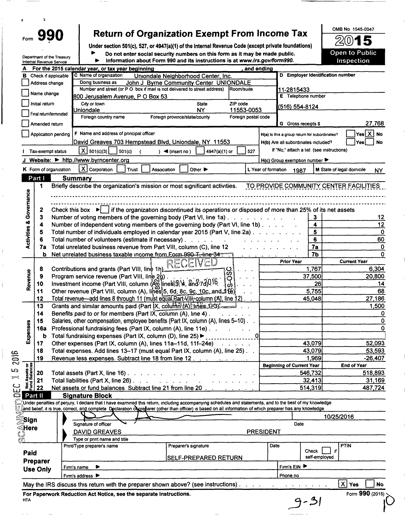 Image of first page of 2015 Form 990 for John J Byrne Community Center Uniondale