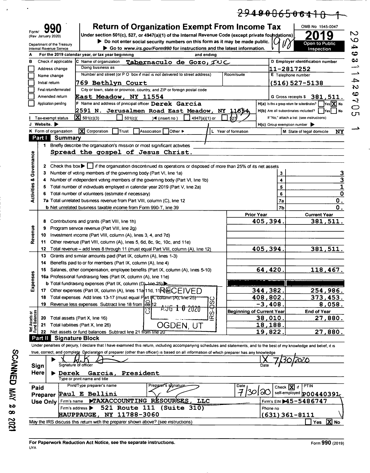 Image of first page of 2019 Form 990 for El Tabernaculo de Gozo