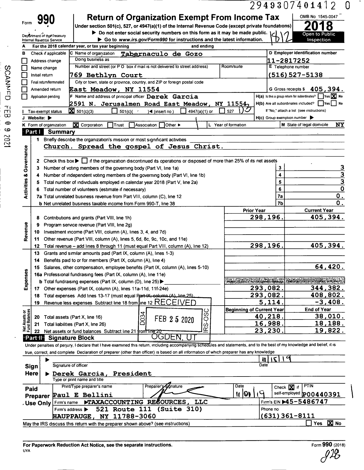 Image of first page of 2018 Form 990 for El Tabernaculo de Gozo