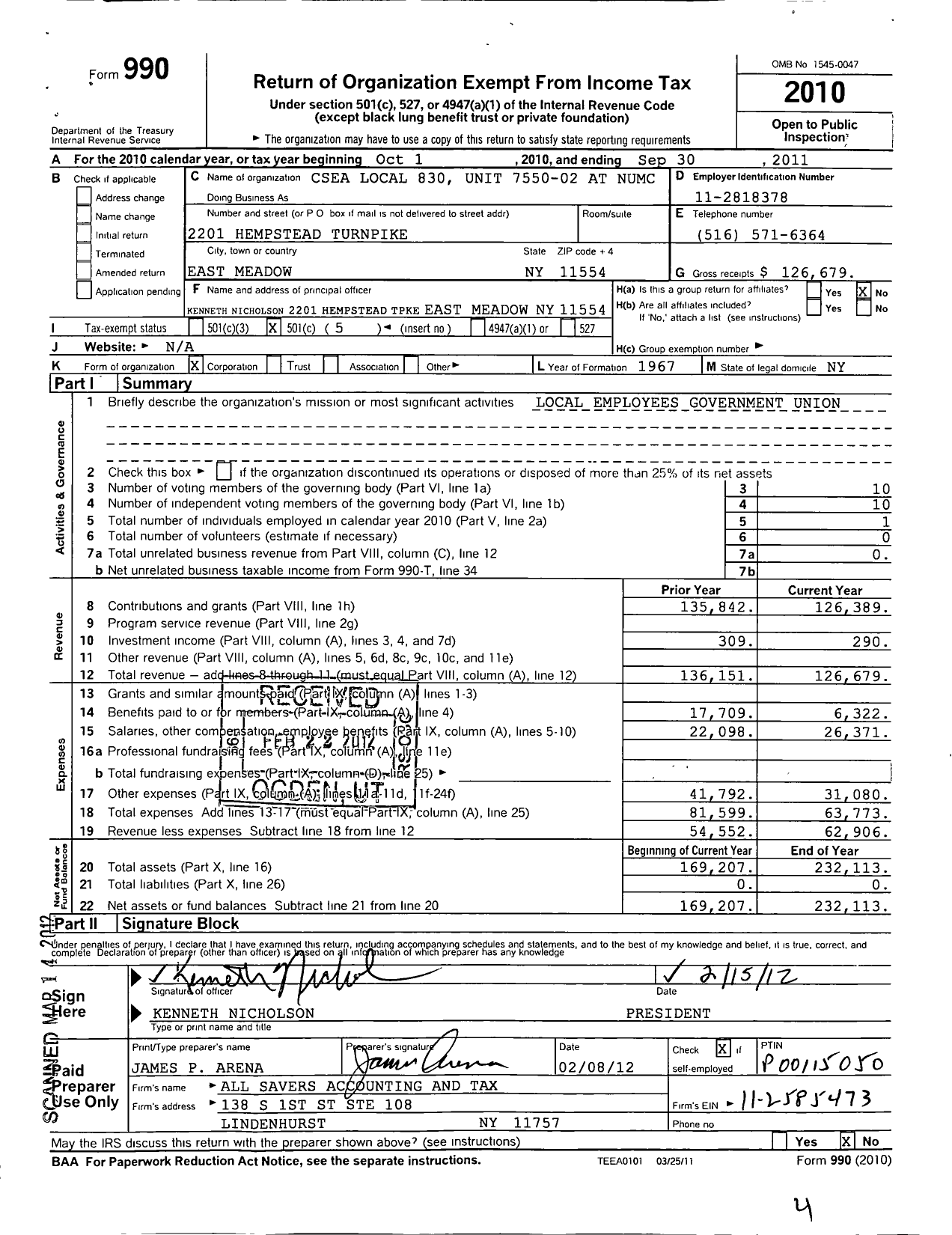 Image of first page of 2010 Form 990O for Csea Local 830 Unit 7550-2 at Numc