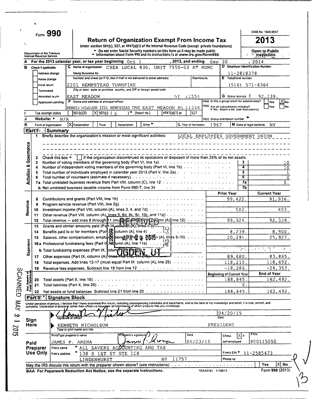 Image of first page of 2013 Form 990O for Csea Local 830 Unit 7550-2 at Numc