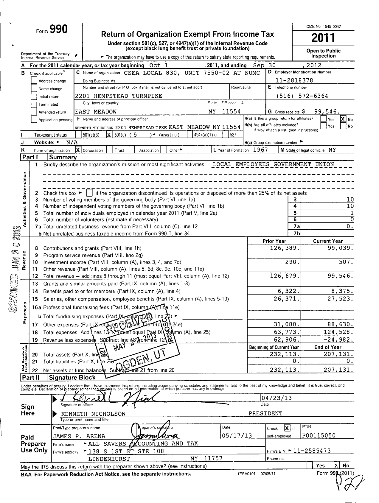 Image of first page of 2011 Form 990O for Csea Local 830 Unit 7550-2 at Numc